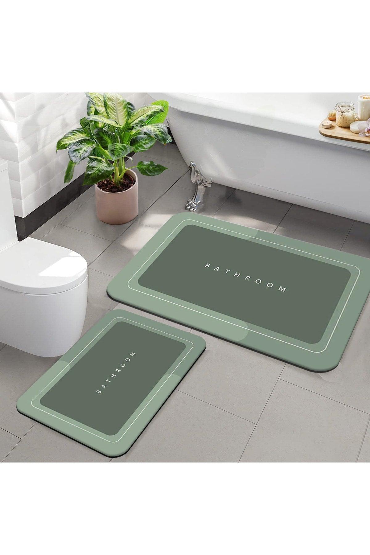 Else Green Bathroom Written Pattern Washable Non-Slip Floor 2 Pcs. Bathroom Carpet Mat Closet Set - Swordslife