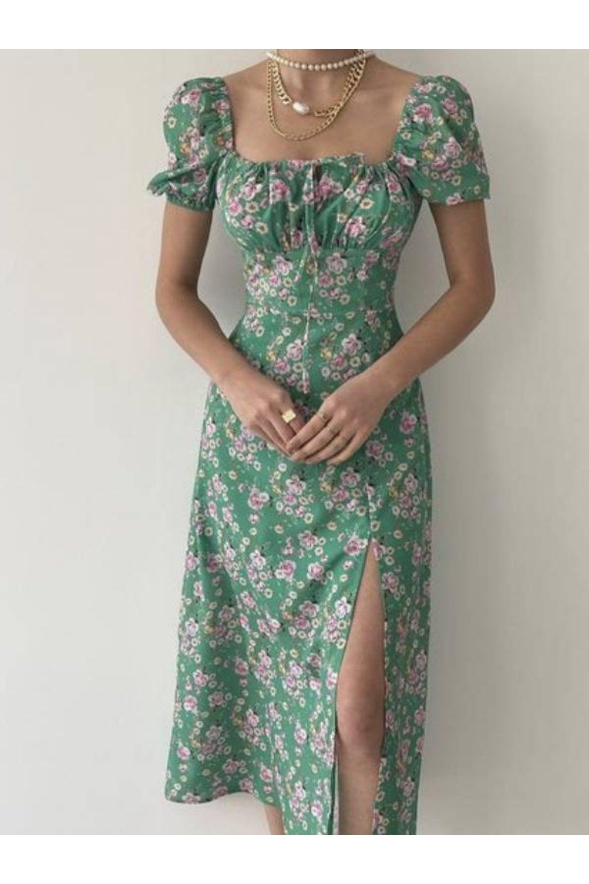 Green Floral Midi Length Slit Dress - Swordslife