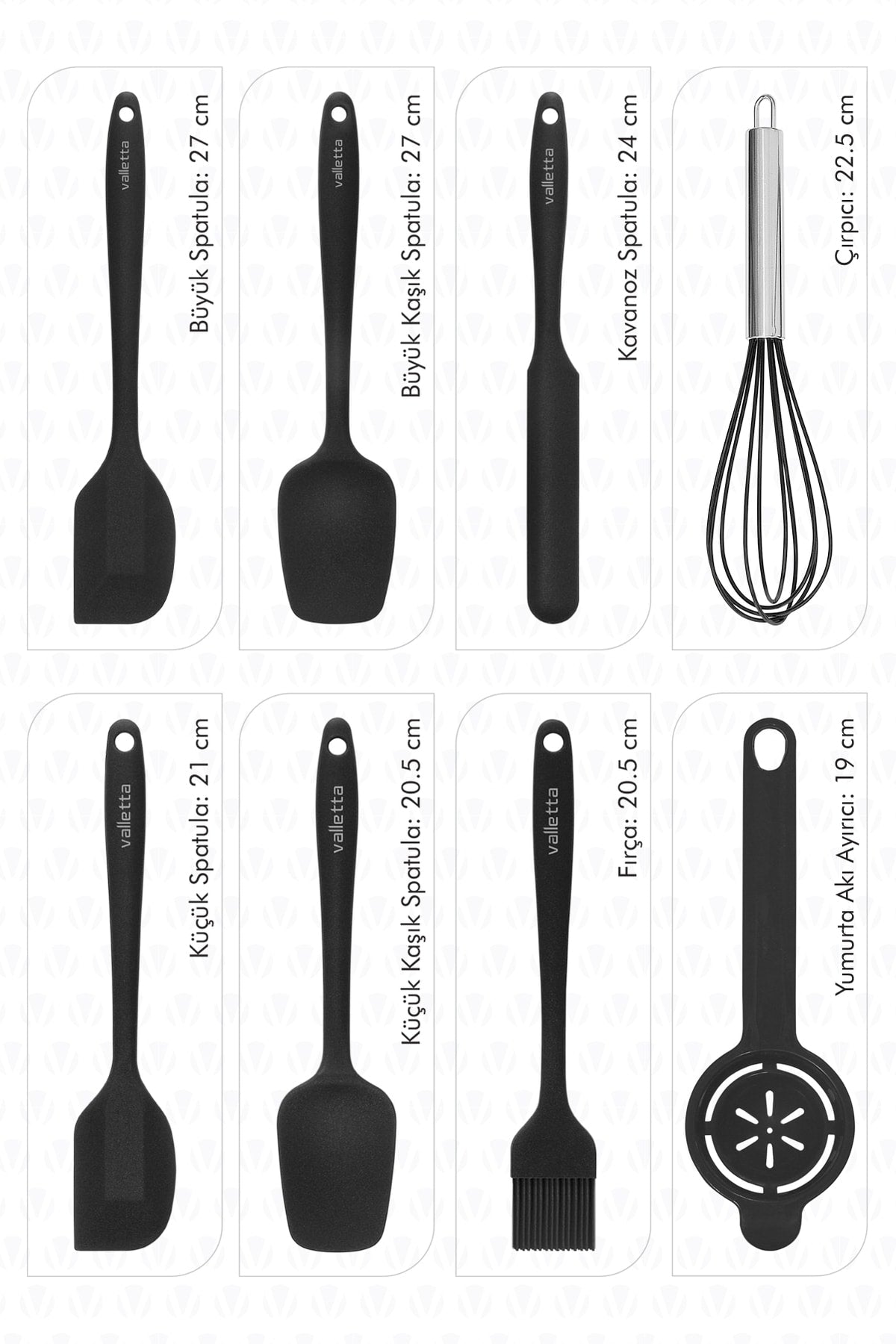 Drongo Heat Resistant Fireproof Nonstick Silicone Spatula Set 8 Pieces Black