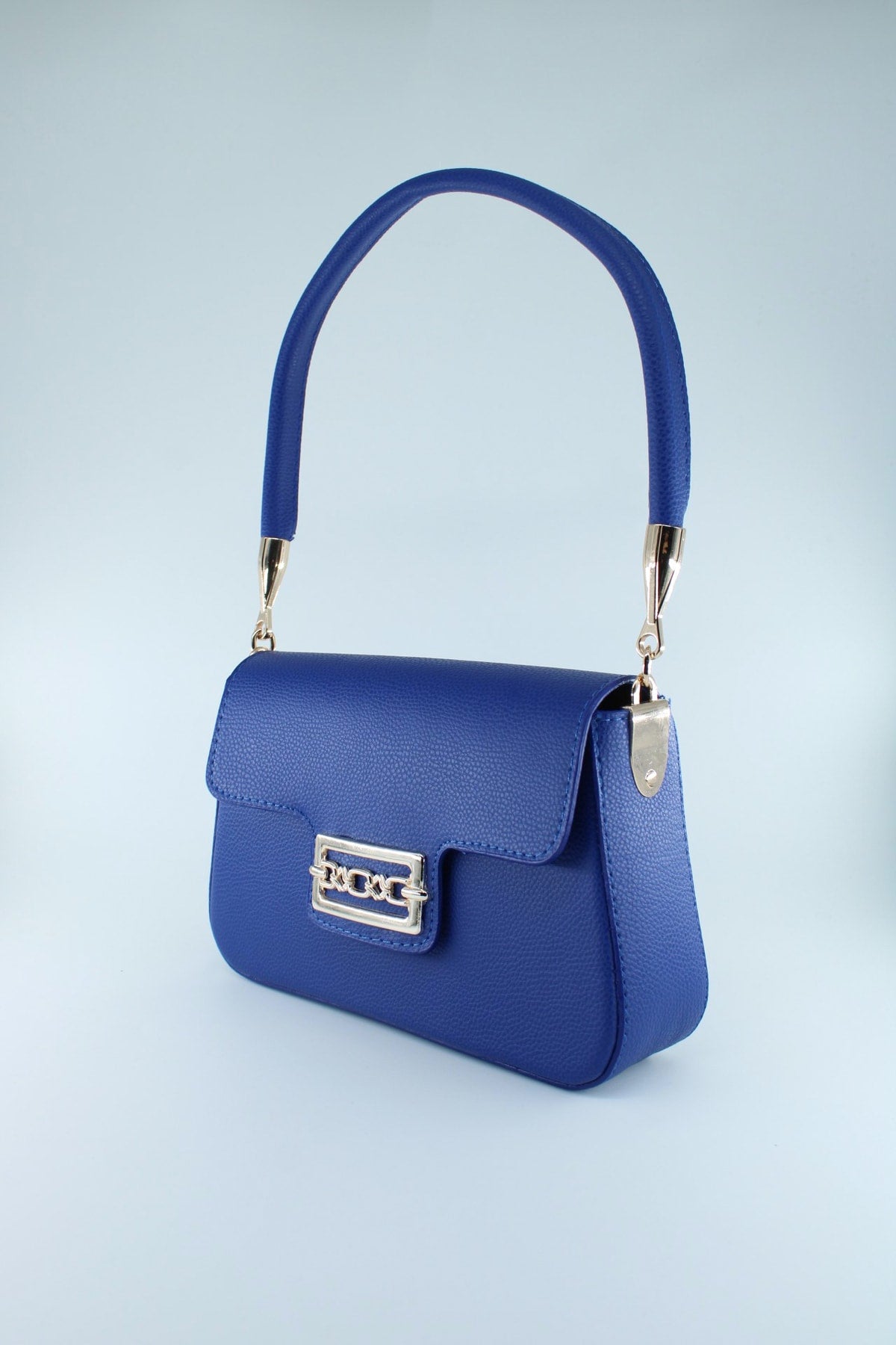 Women's Sax Blue Textured Magnet Clamshell Lined Hand And Sleeve Bag