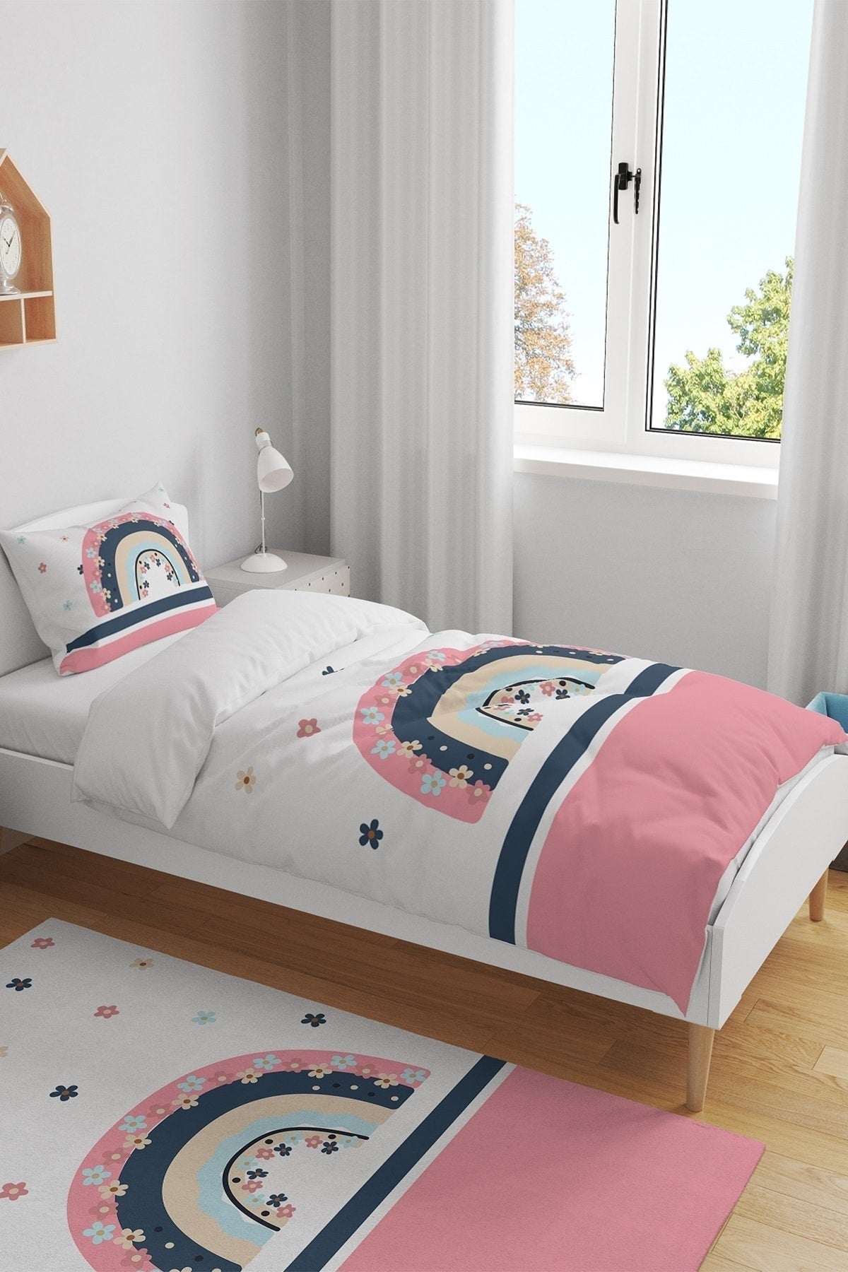 Pink Striped Daisy Rainbow Patterned Single Baby Kids Duvet Cover Set