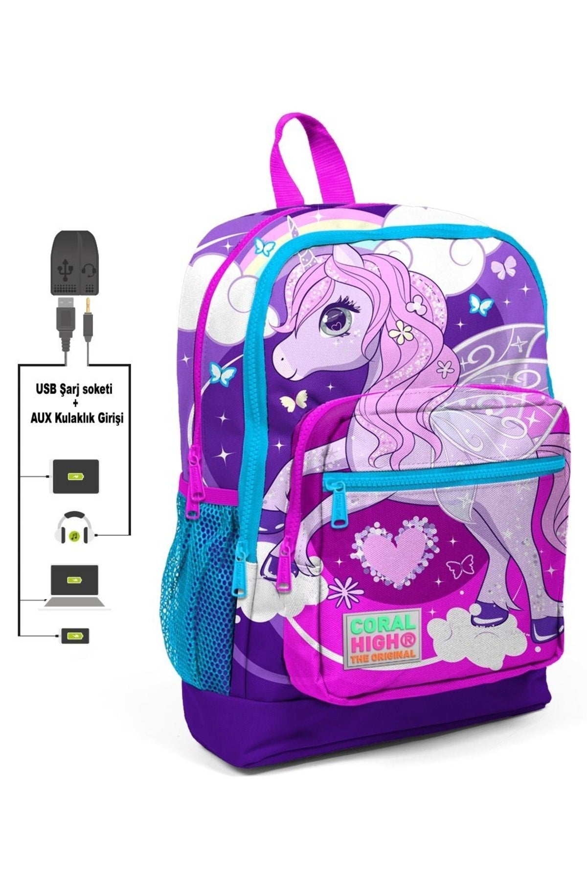Purple Unicorn Printed Girls' Primary School Bag Set - Usb Output