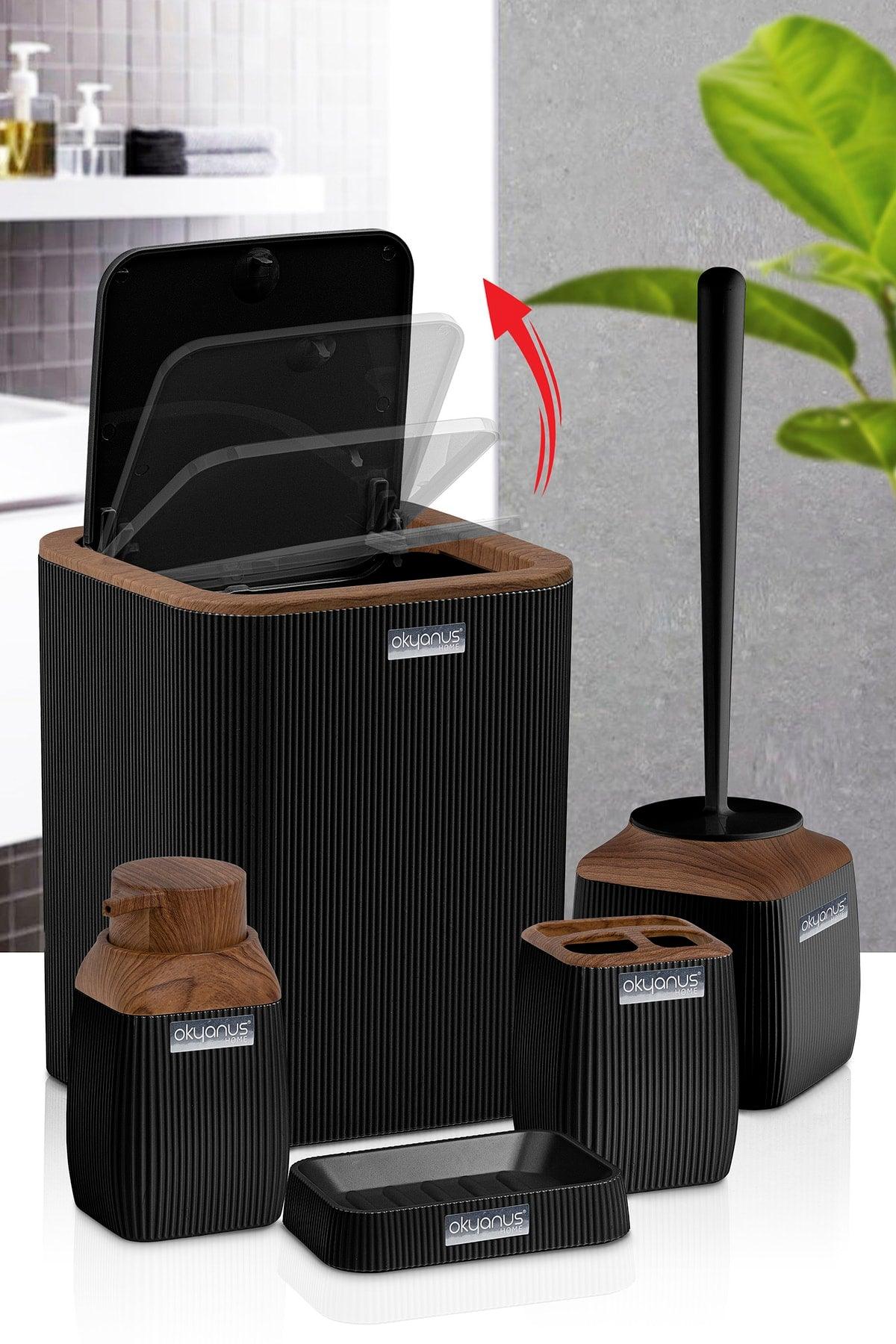 Wooden Patterned Striped 5 Piece Bathroom Set - Black - Swordslife