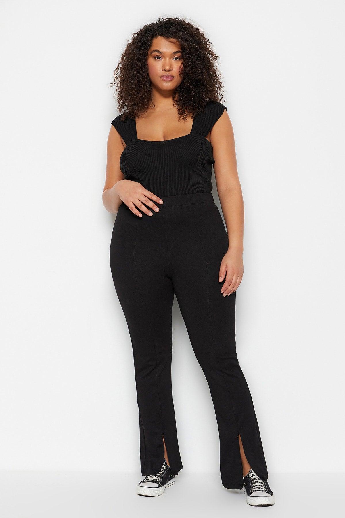 Black Skinny Knitted High Waist Trousers With Zipper TBBSS23AR00011 - Swordslife