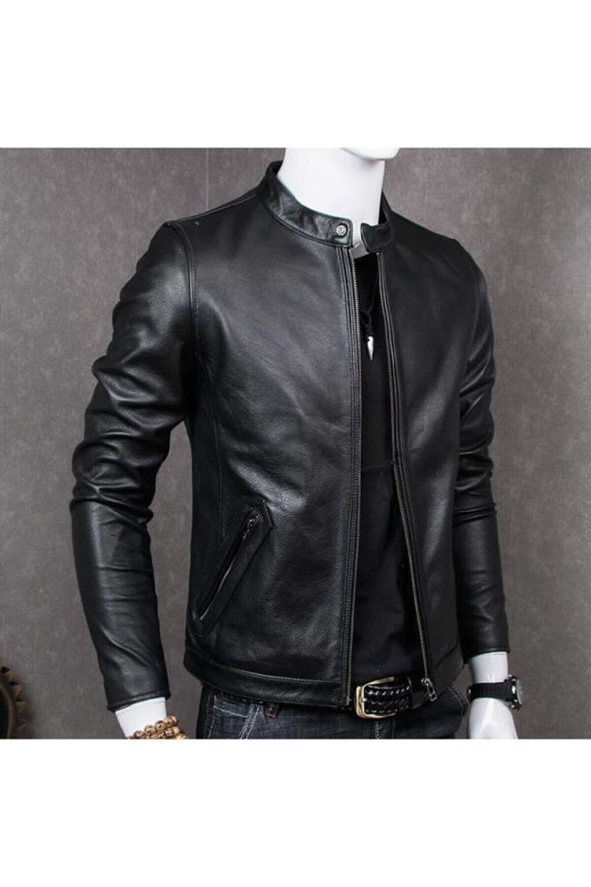 Genuine Leather Black British Collar Sport Men'S Leather Jacket