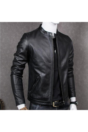 Genuine Leather Black British Collar Sport Men'S Leather Jacket