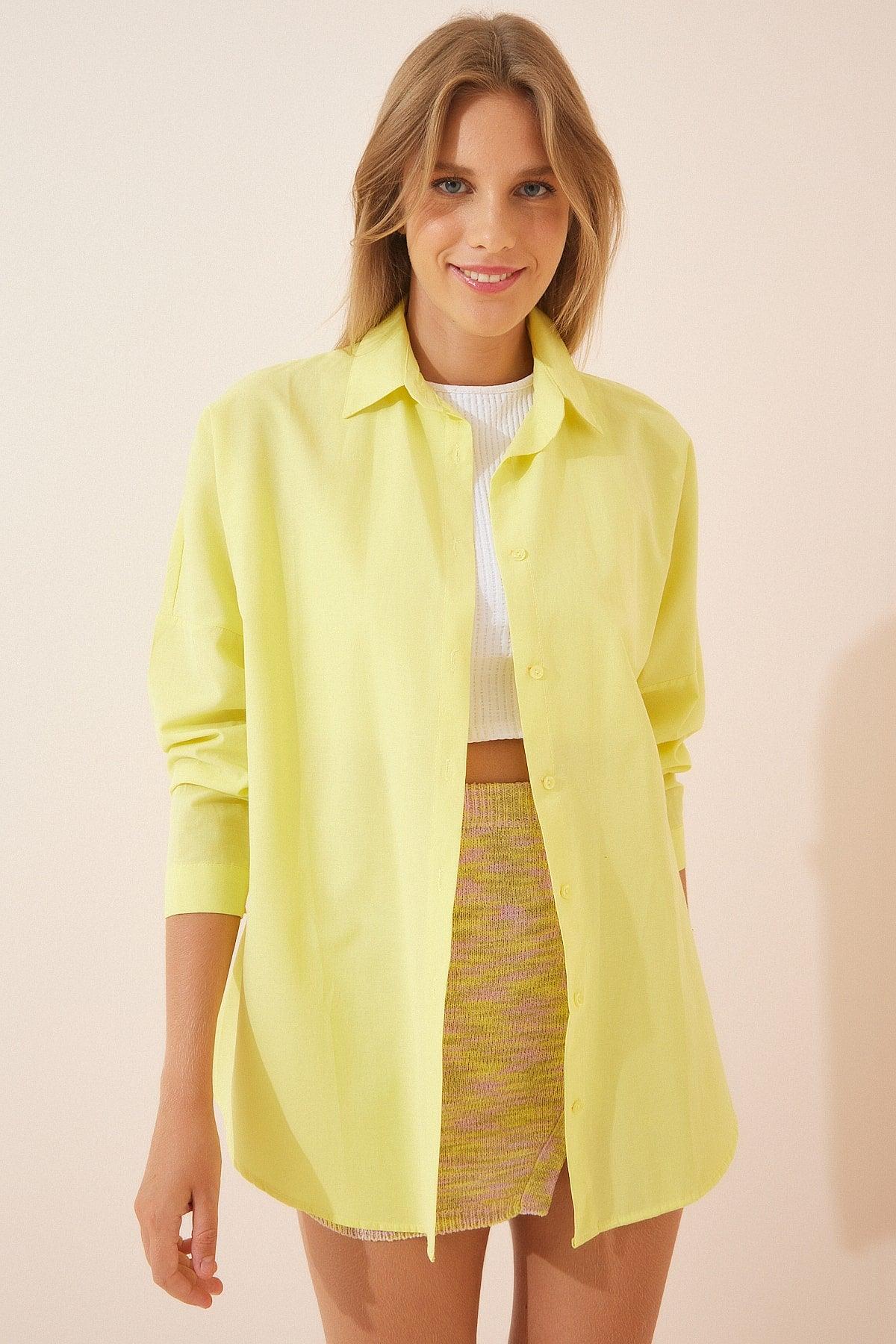 Women's Light Yellow Oversize Long Basic Shirt DD00842 - Swordslife