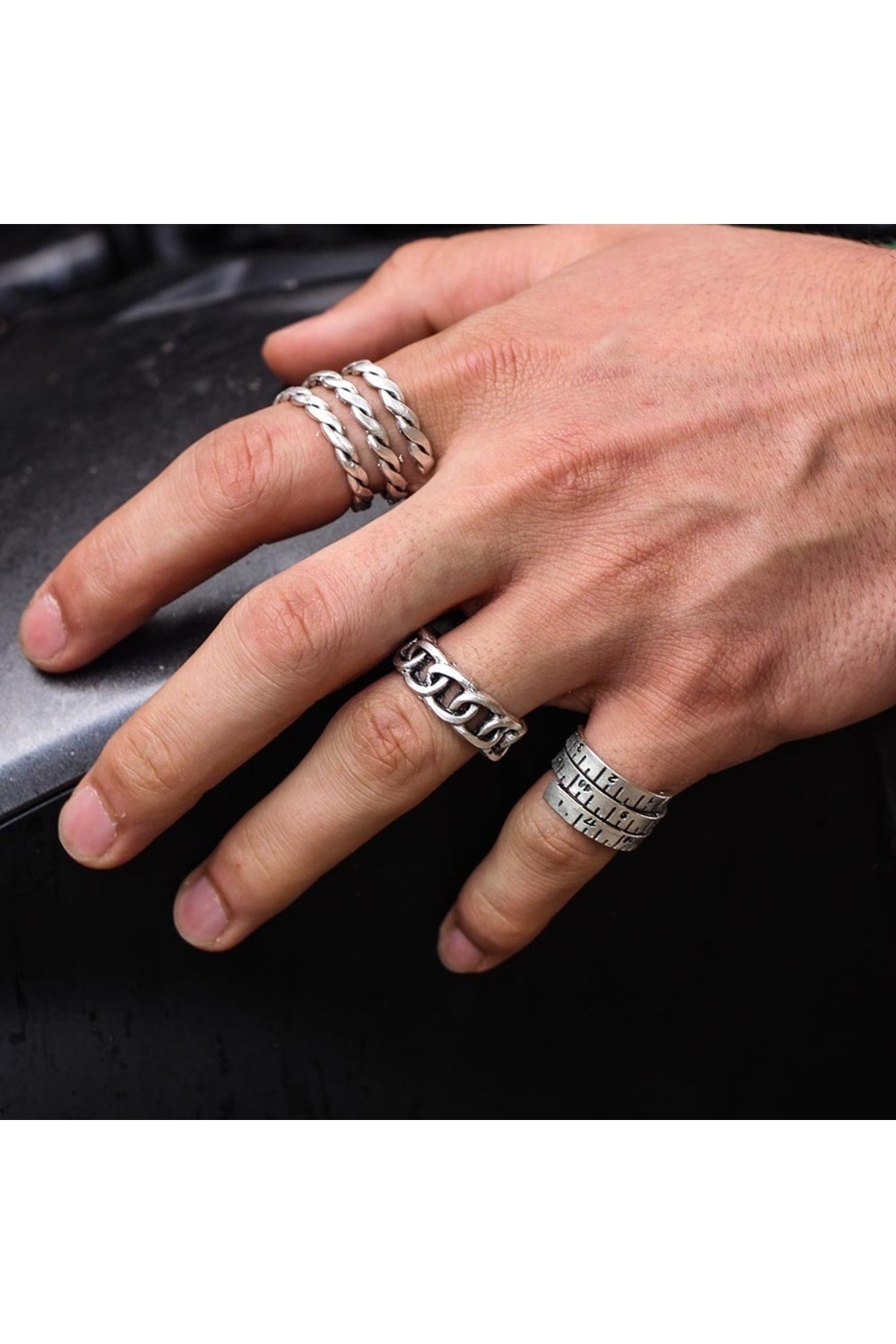 Antique Silver Plated Adjustable Model 3 Piece Men's Ring Set