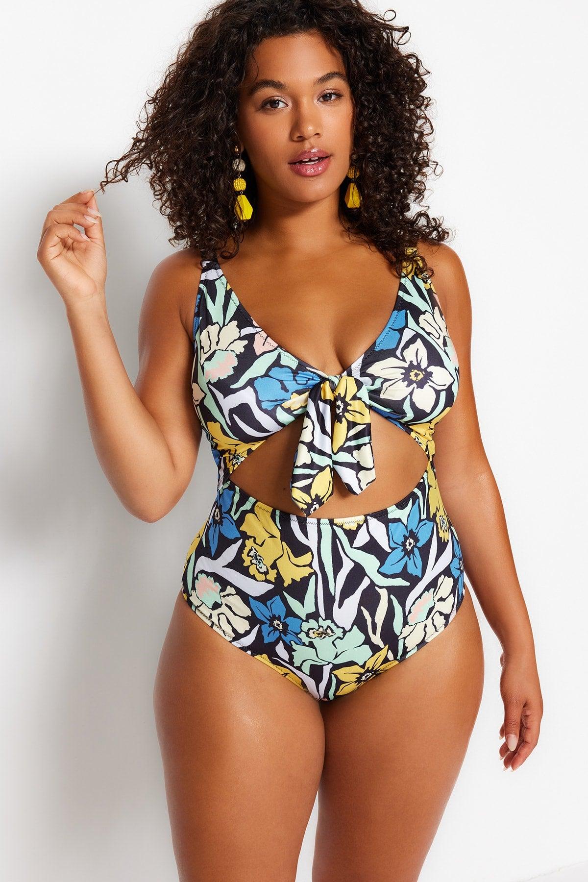 Multicolor Floral Patterned Tie Detailed Swimsuit TBBSS23AM00008 - Swordslife