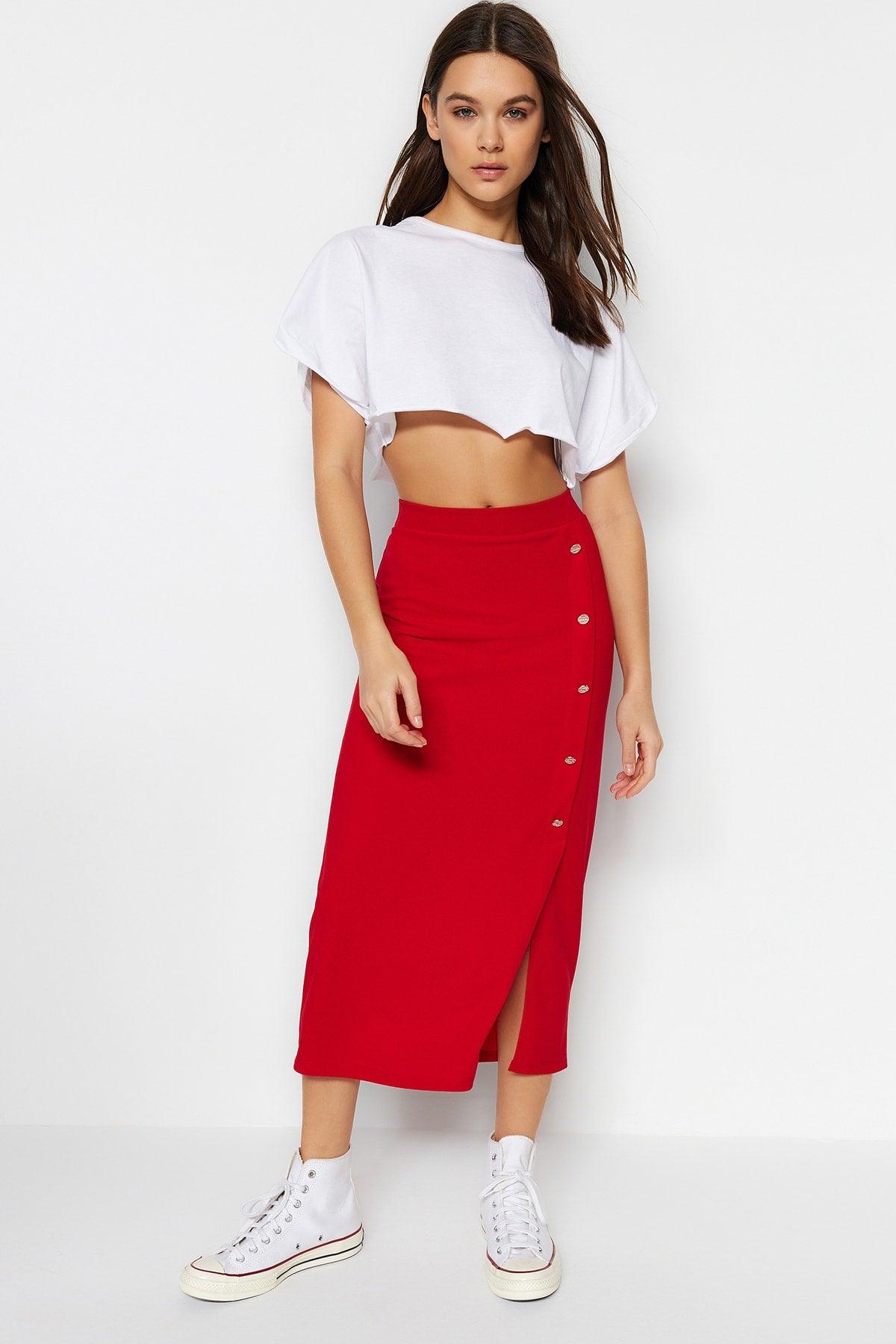 Red Button Detailed High Waist Midi Smart Crepe Knitted Pencil Skirt TWOSS23ET00320 - Swordslife