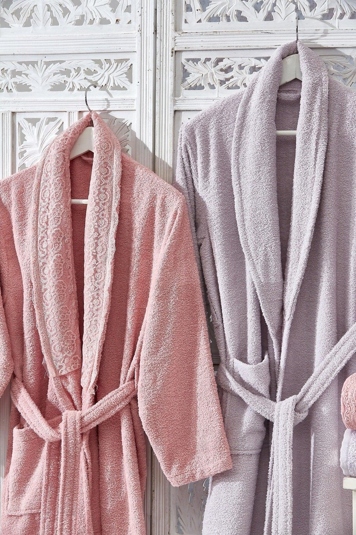 Family Lacy Powder & Lilac Family Bathrobe Set 6 Pieces Dowry Women Men Bathrobes Bath Towel Set - Swordslife