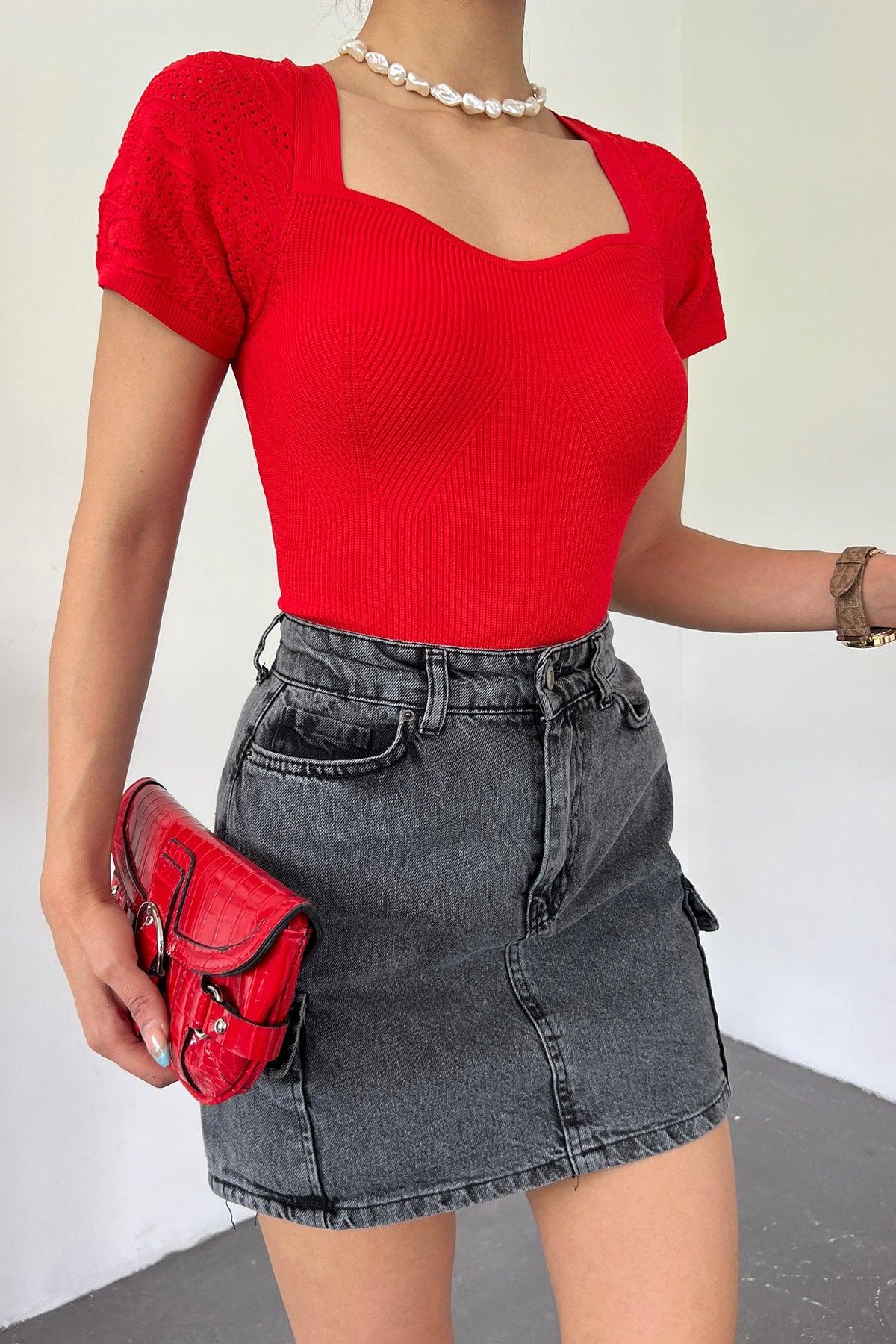 Women's Red Sleeve Knit Detailed Short Sleeve Heart Collar Knitwear Blouse - Swordslife