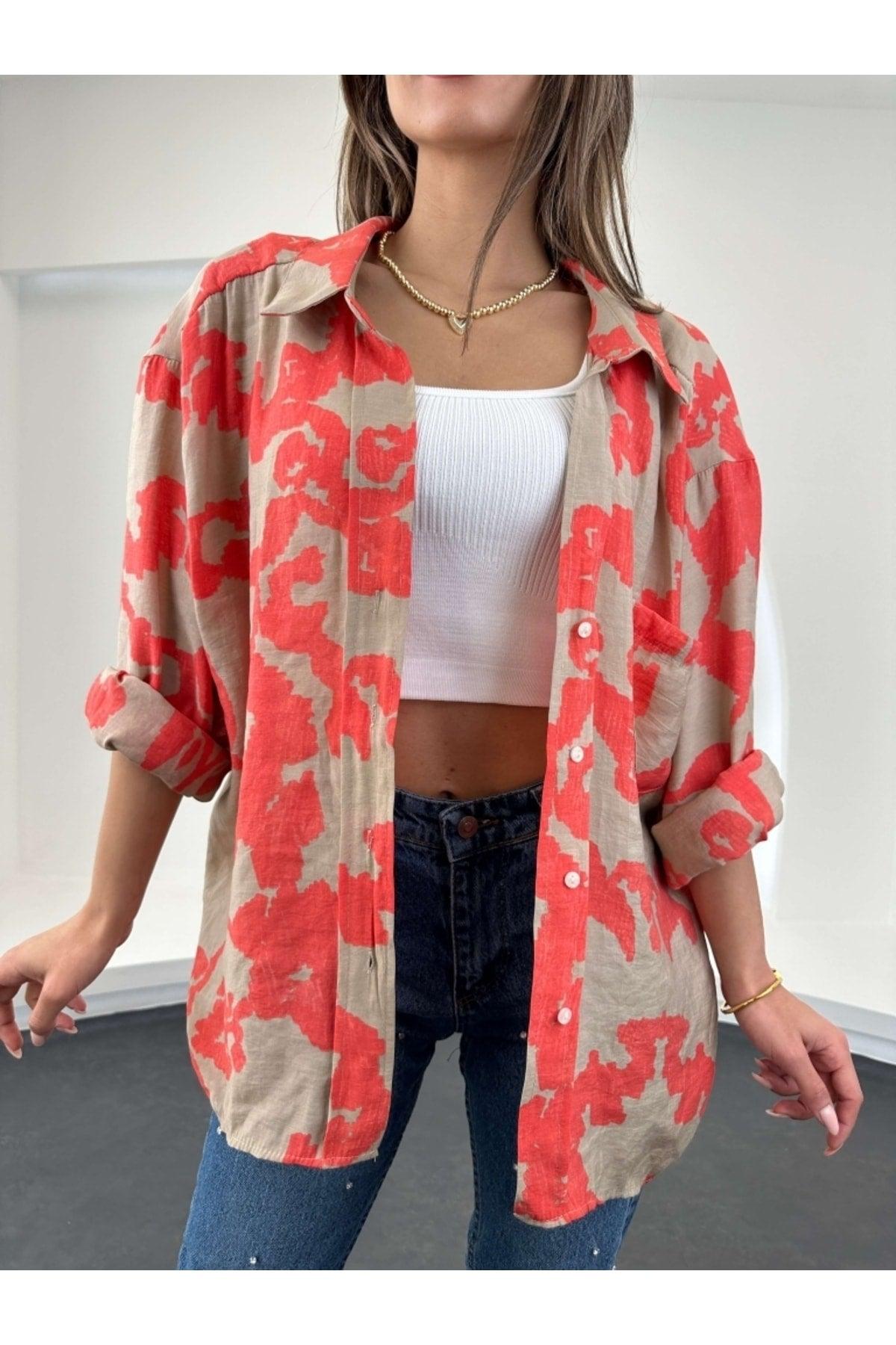 Red Patterned Off Shoulder Oversize Shirt - Swordslife