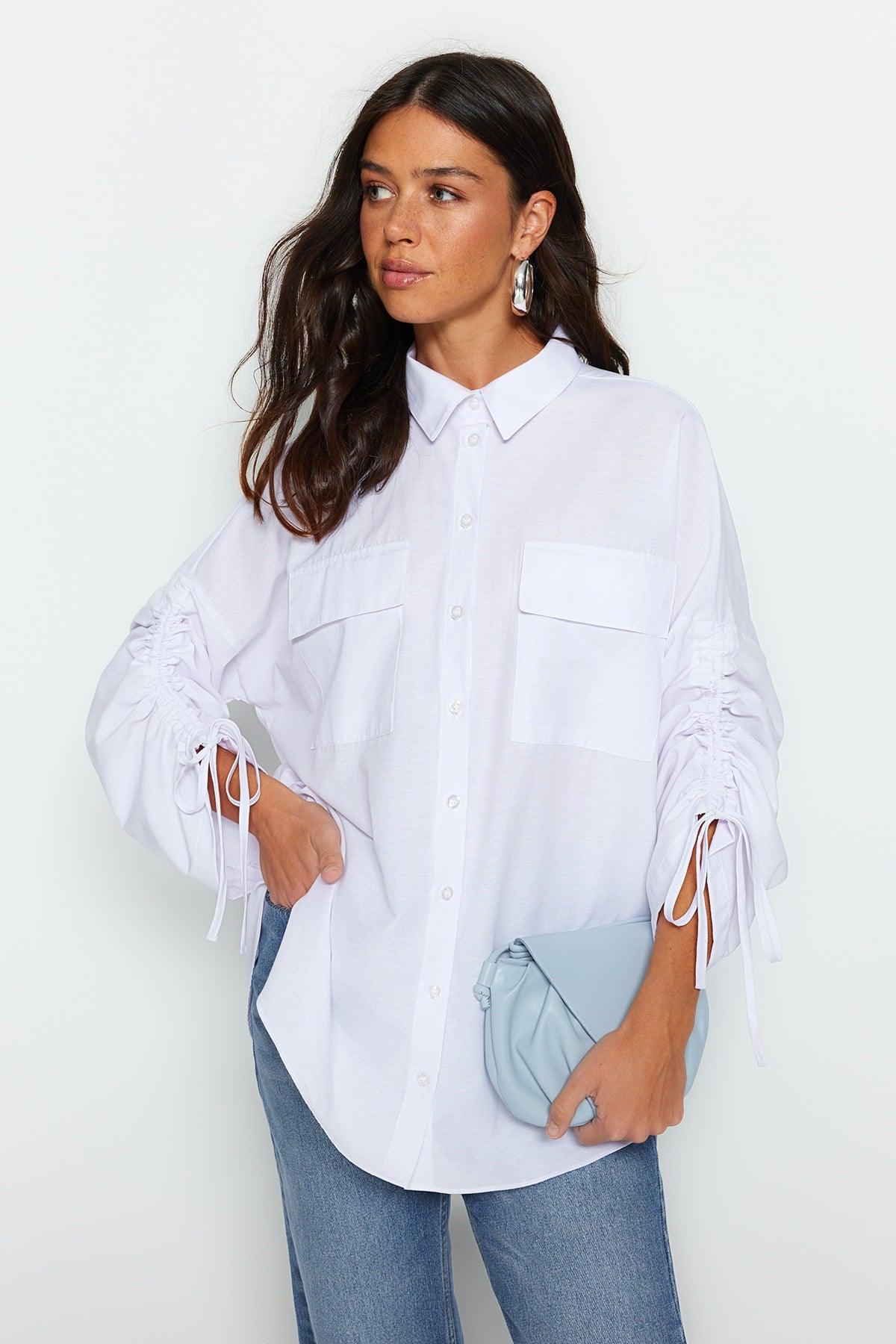 White Adjustable Ruffle Detailed Woven Cotton Shirt with Adjustable Sleeves TCTSS23TG00011 - Swordslife