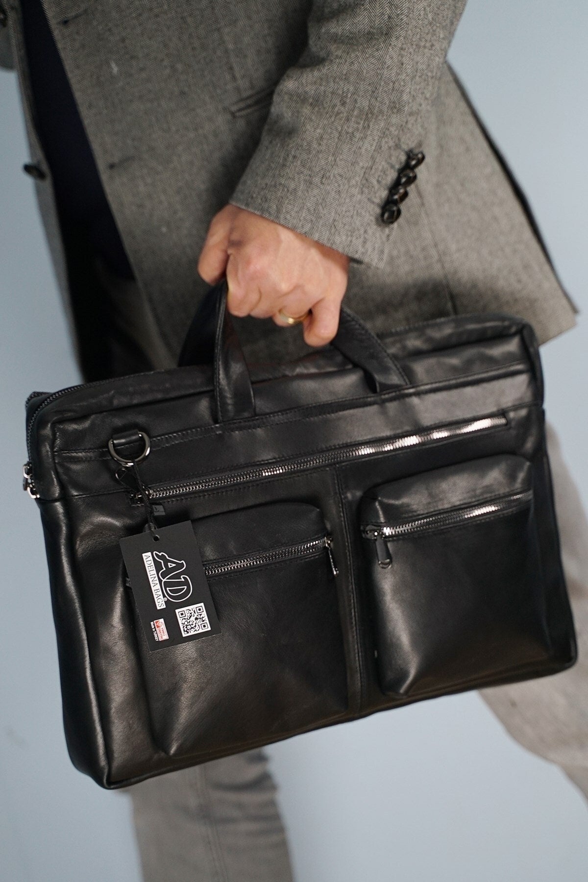 Men's Black Genuine Leather Large Size Briefcase Laptop Hand And Shoulder Bag