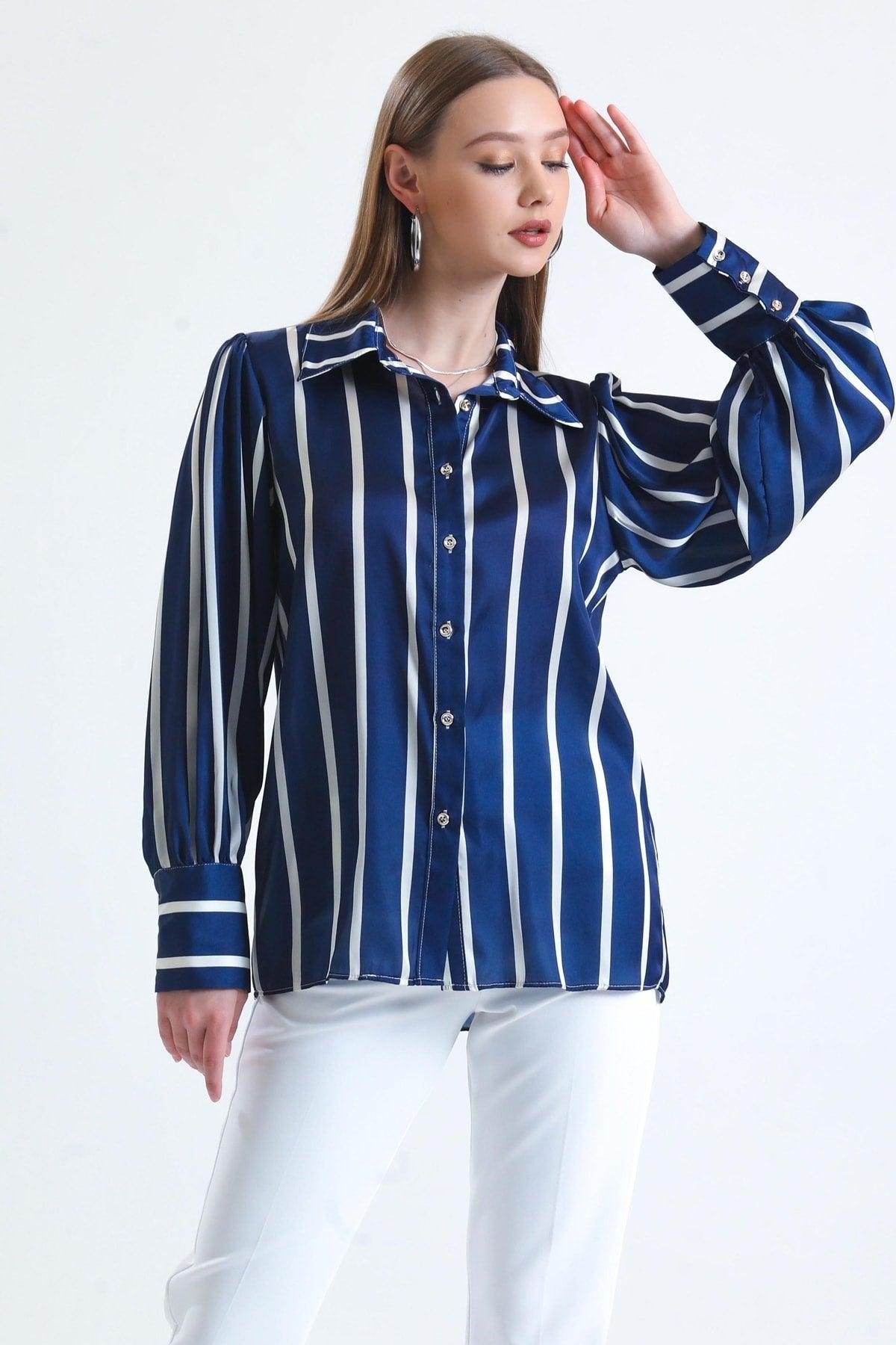 Women's Navy Blue Balloon Sleeve Ruffle Detailed Oversize Striped Satin Shirt - Swordslife