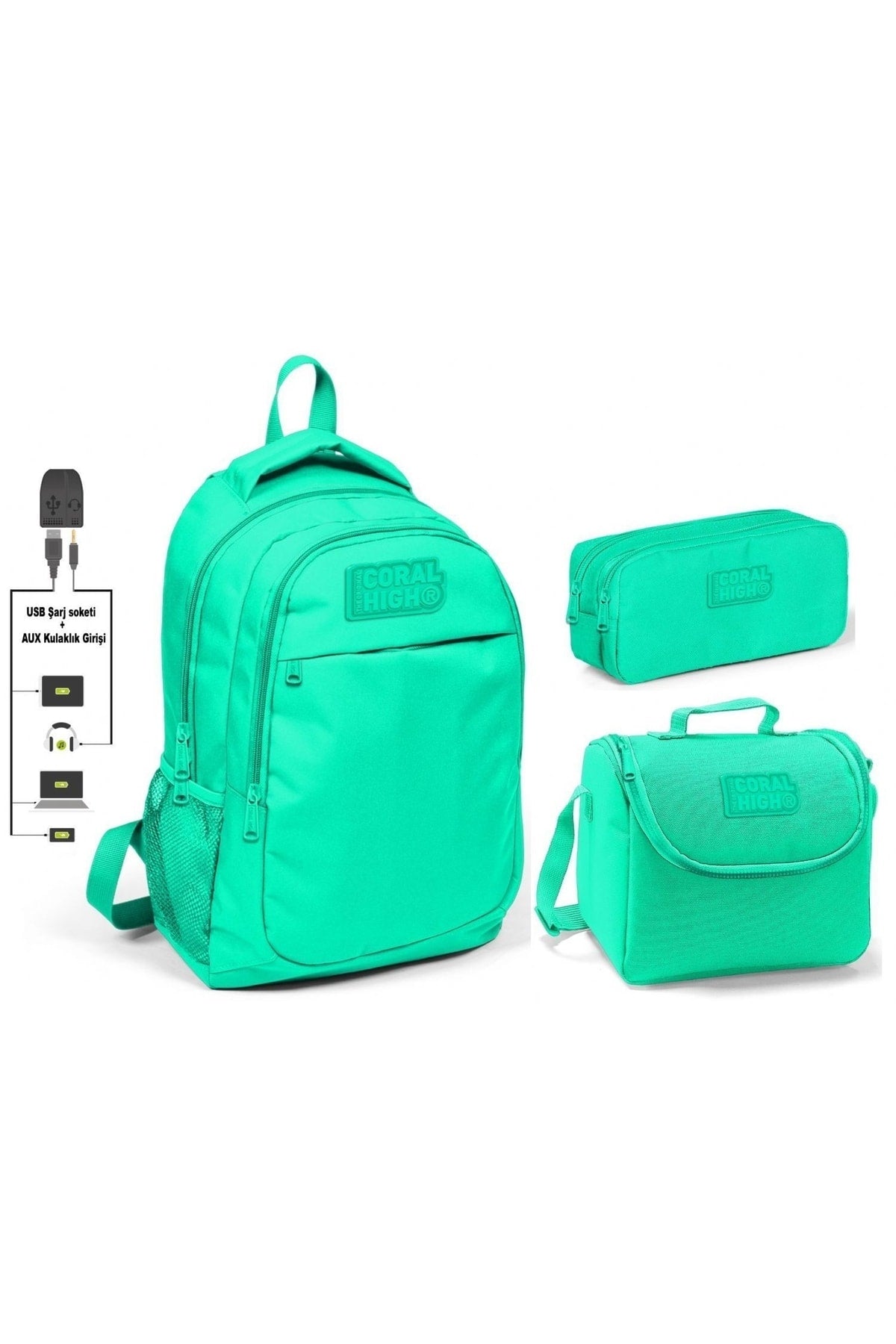 Coral High Girl's Water Green 3-Piece Bag Set - With Usb Socket