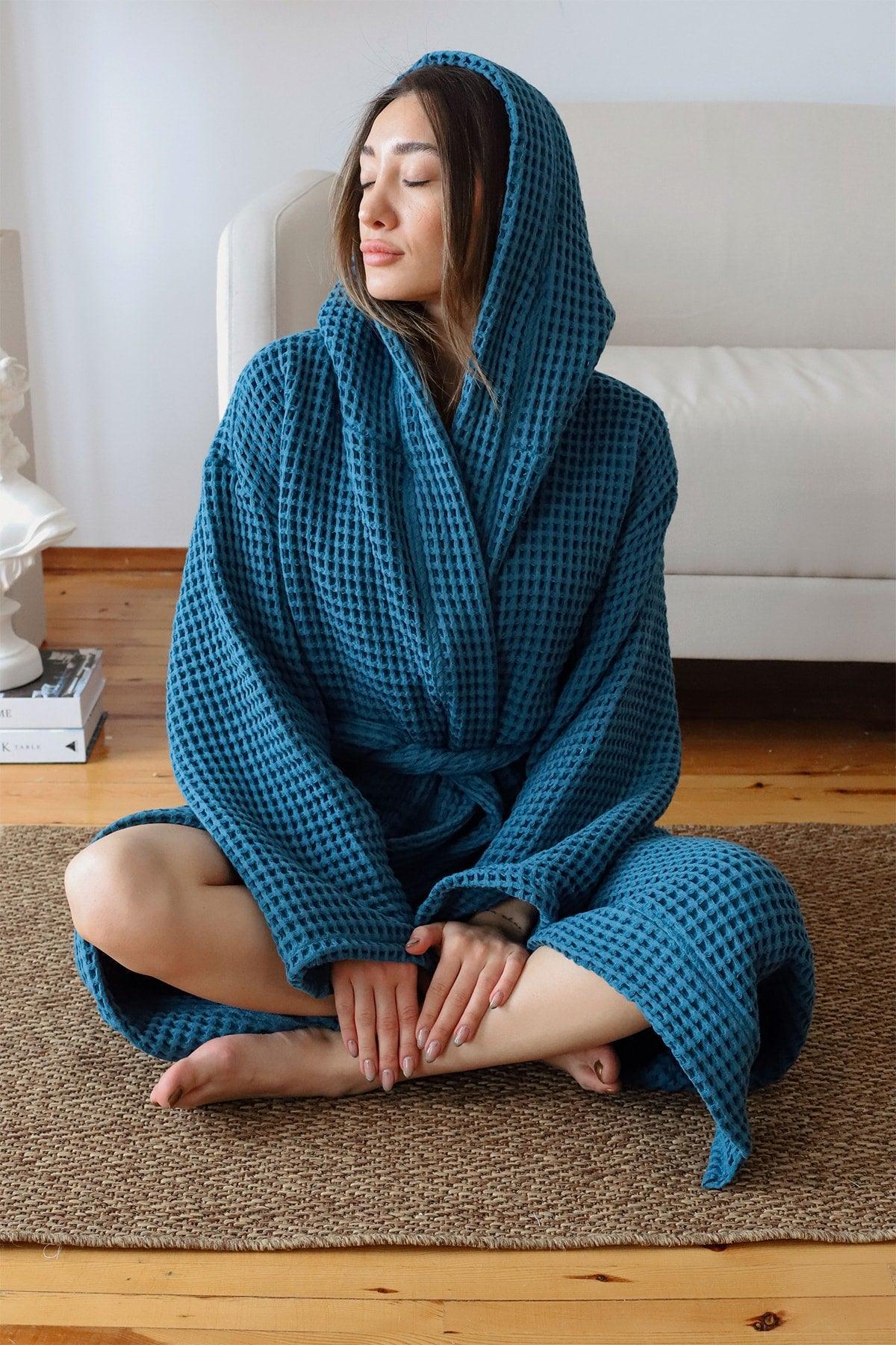 Waffle Adult Bathrobe Soft Pique Fabric Hooded Indigo Blue - Swordslife