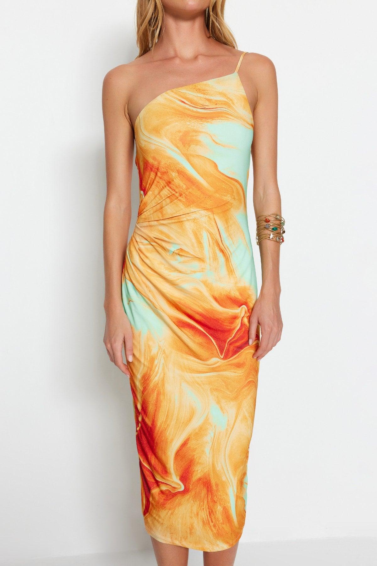 Limited Edition Orange Printed Fitted Midi One-Shoulder Elastic Knit Dress TWOSS23EL01577 - Swordslife