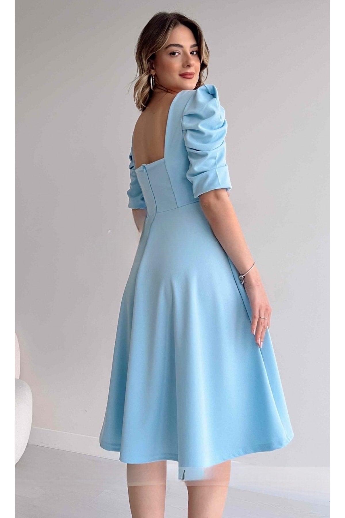 Women's Crepe Fabric Short Sleeve Square Collar Midi Length Flared Cut Baby Blue Dress - Swordslife