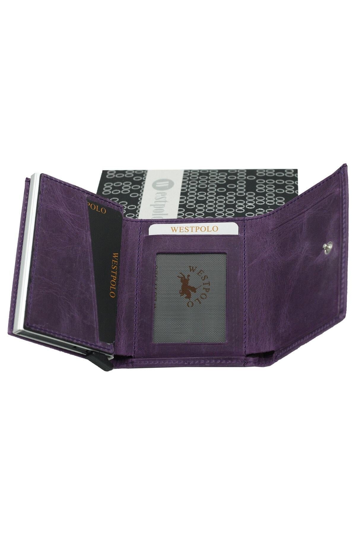 Men's Purple Leather Mechanism Wallet Card Holder