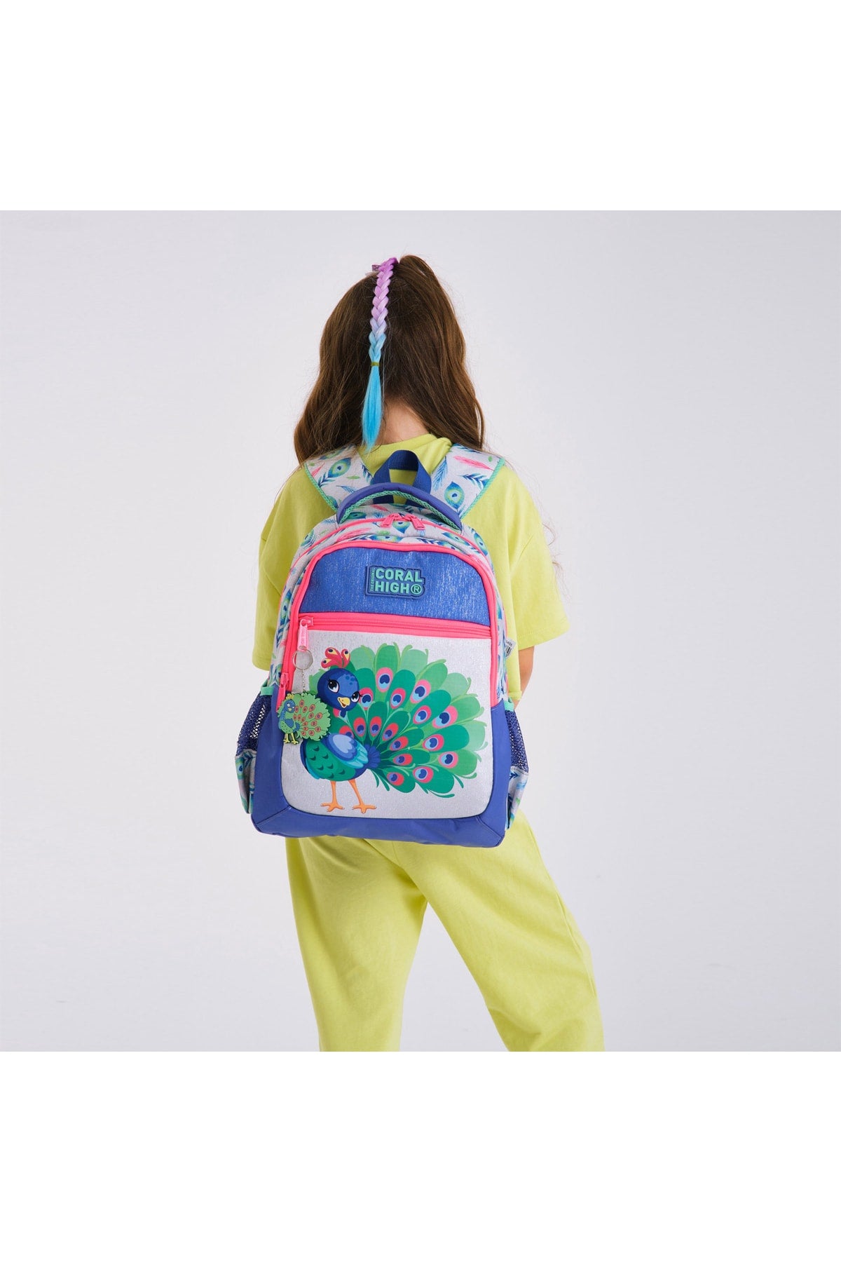 Kids Silver Lavender Peacock Pattern Three Compartment School Backpack 23488