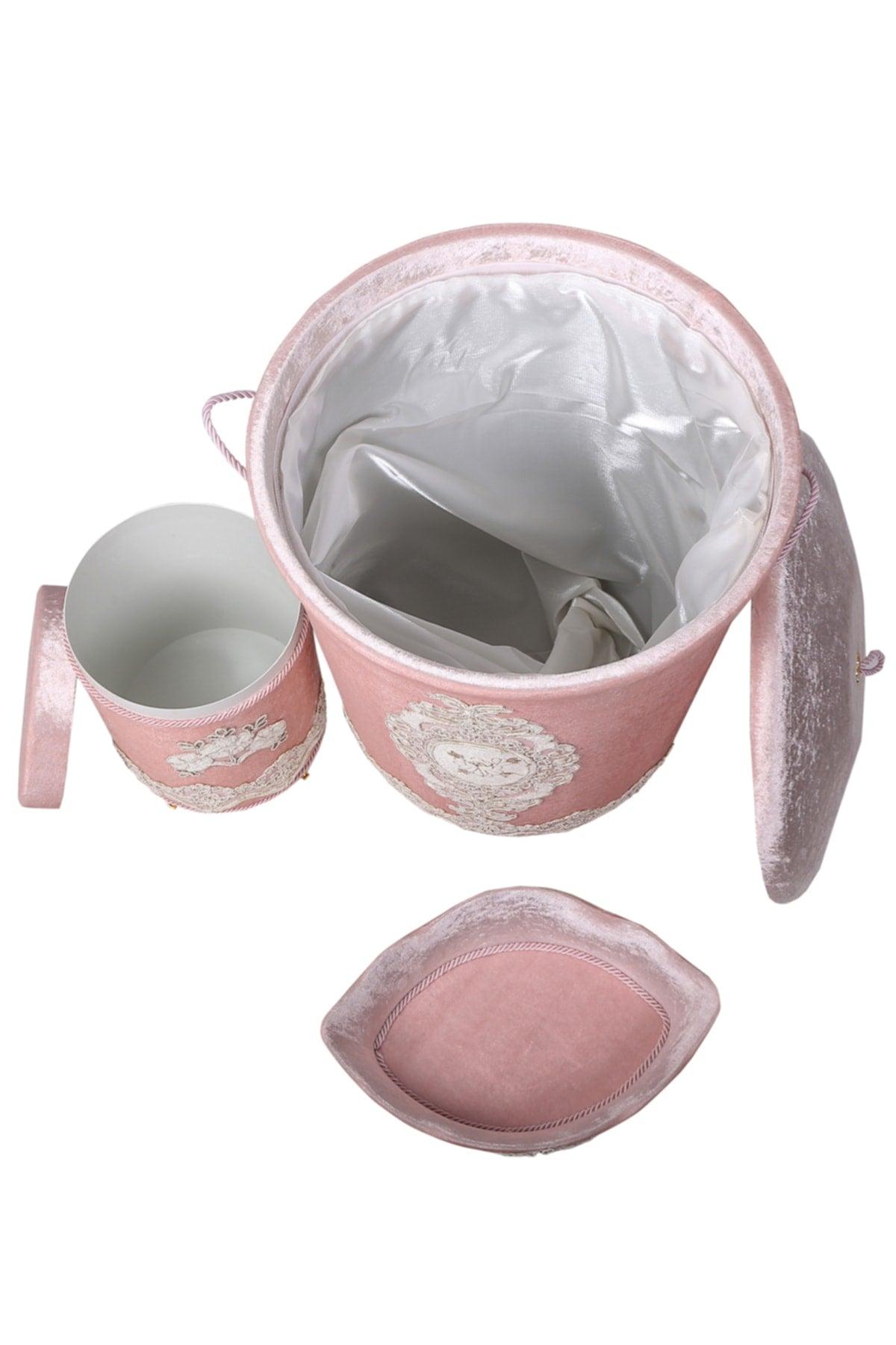 Lisa Powder 3 Pcs Velvet Dowry Lacy Bathroom Dirty Laundry Basket Set | Bathroom Set - Swordslife