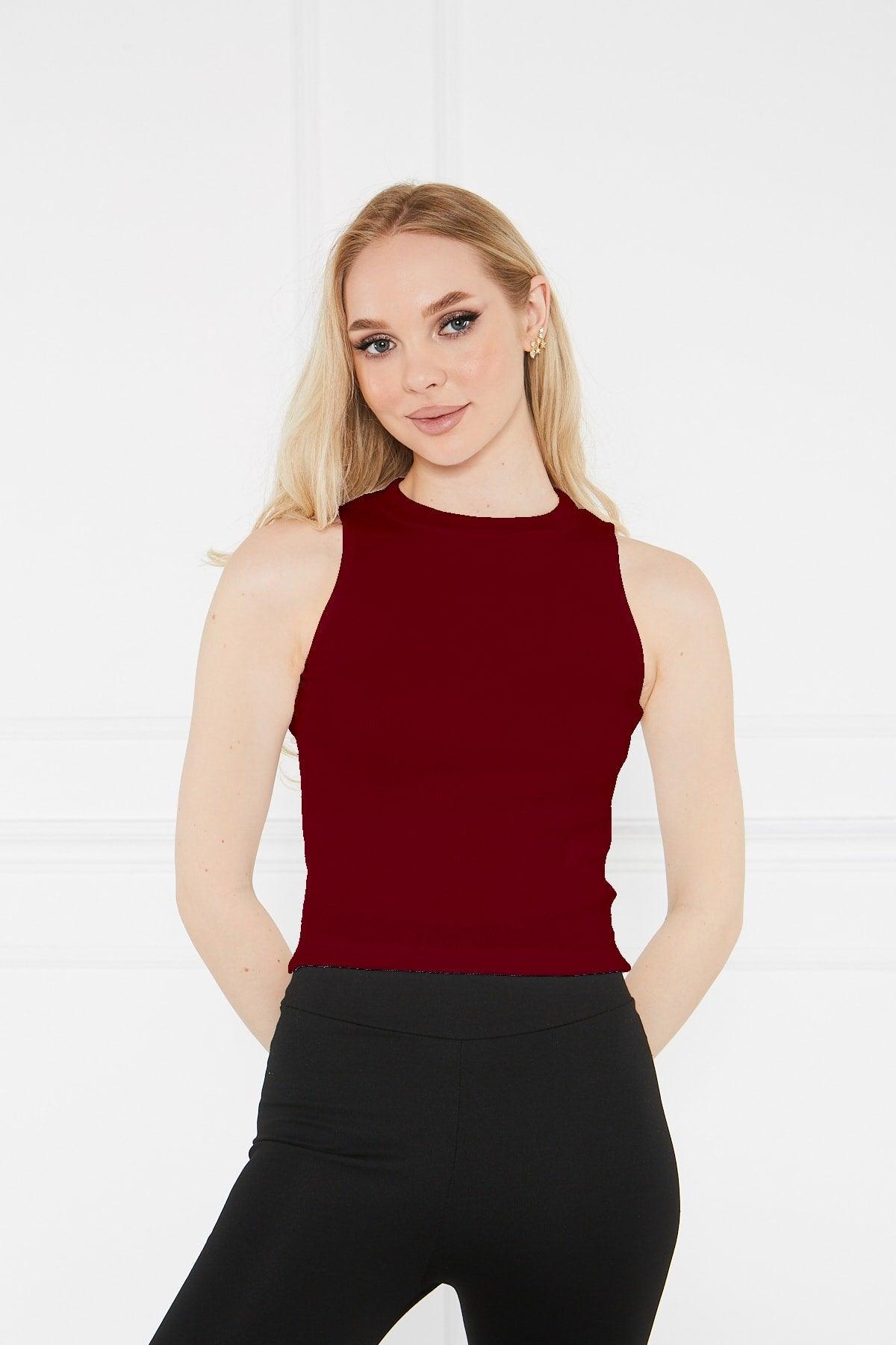 Women's Claret Red Khaki Halter Neck 2 Piece Crop Blouse - Swordslife