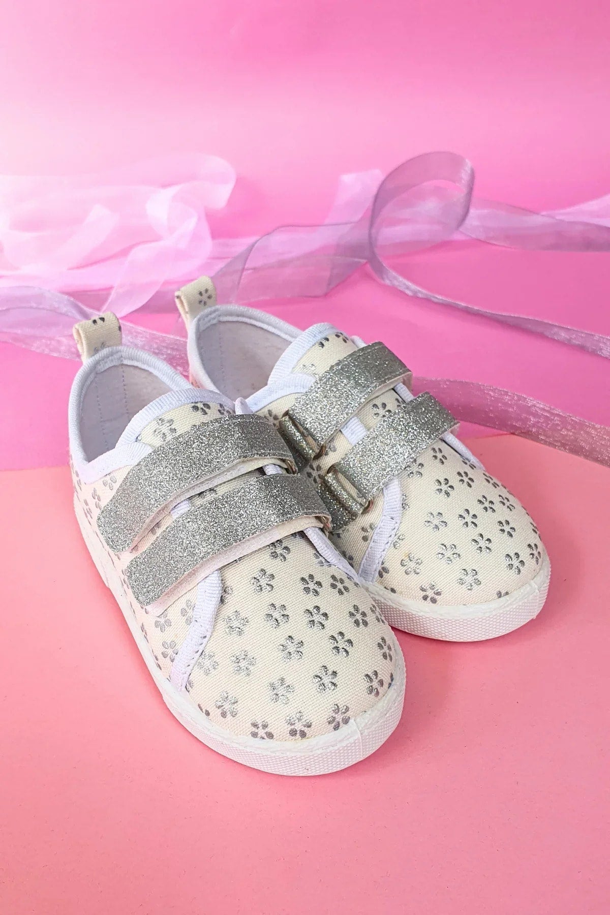Double Velcro Silver Flower Linen Sports Children's Shoes-silver-f-4003