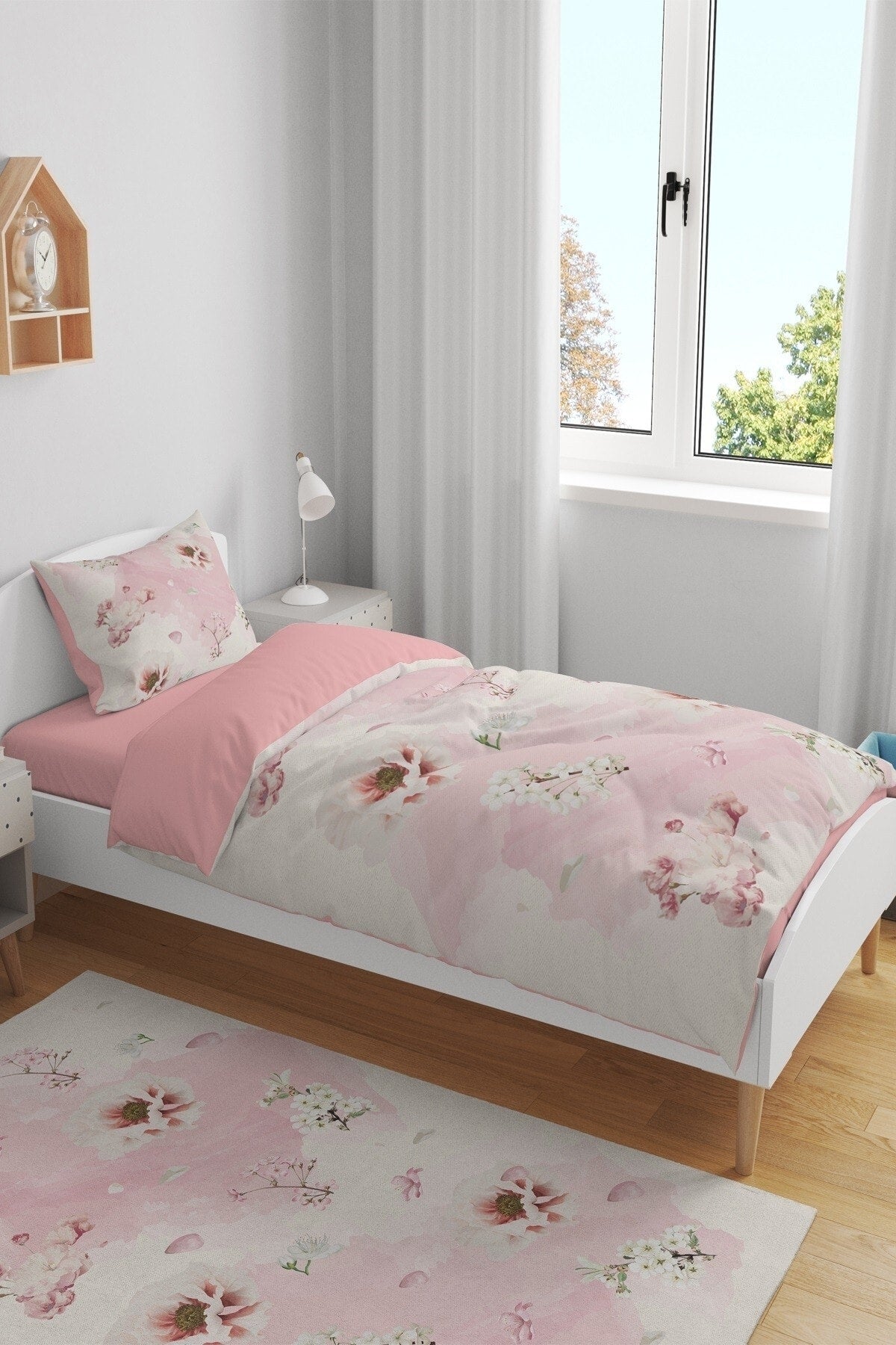 Pink Flowers Patterned Single Baby Kids Duvet Cover Set