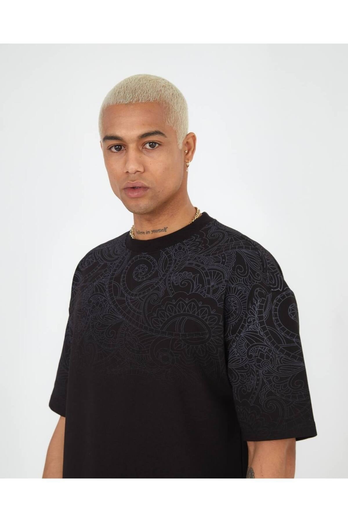 Unisex Oversize Shawl Pattern Printed 2 Thread - Cotton T-Shirt