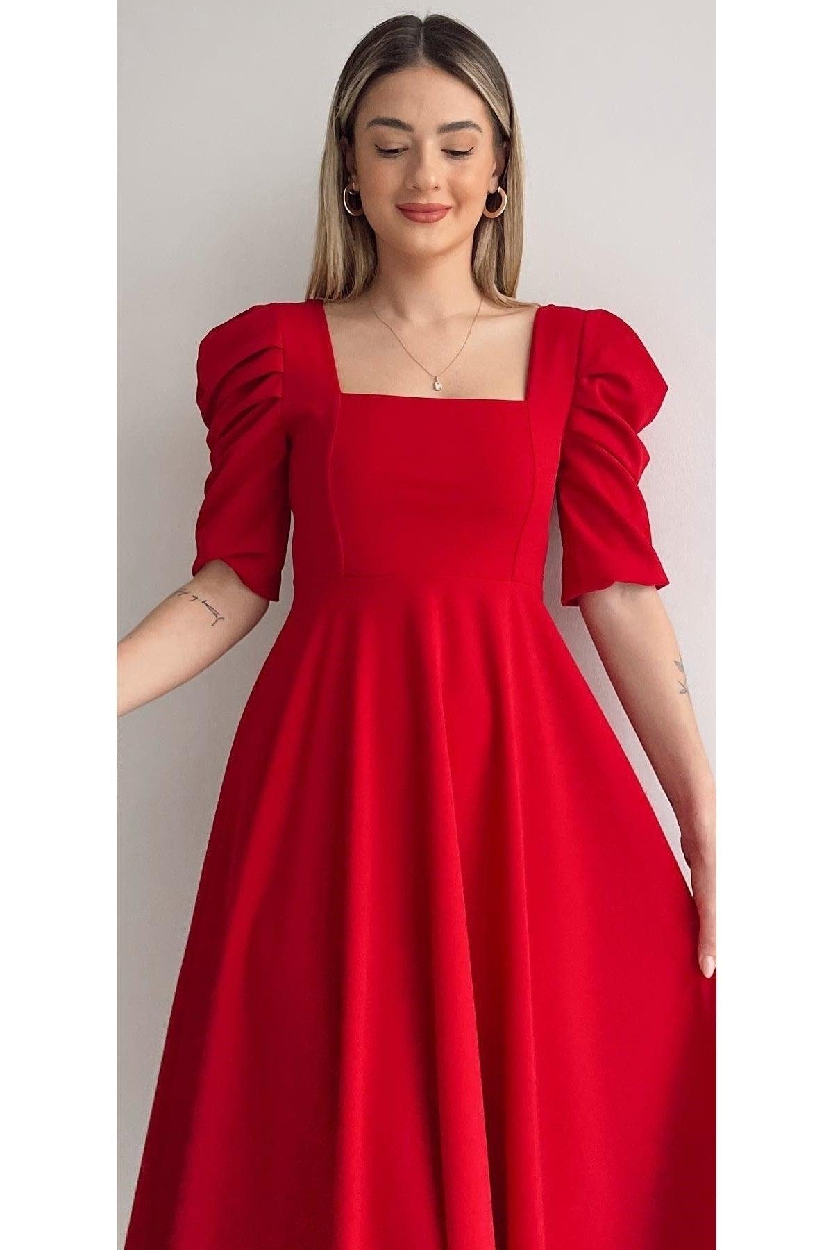 Women's Crepe Fabric Short Sleeve Square Collar Midi Length Red Dress 080 - Swordslife