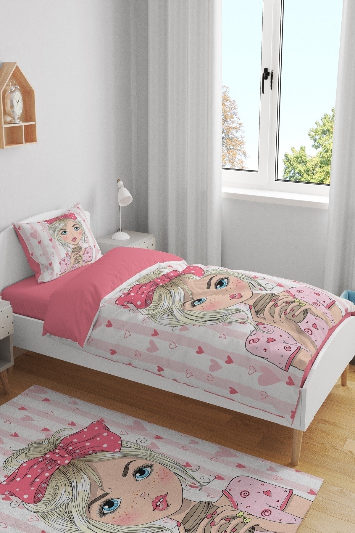 Pink Fashion Girl Patterned Single Baby Child Duvet Cover Set