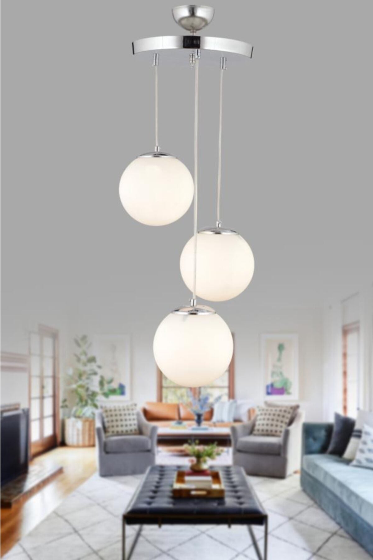 Pendant Lamp 3-Piece Silver White Globe Glass Chandelier