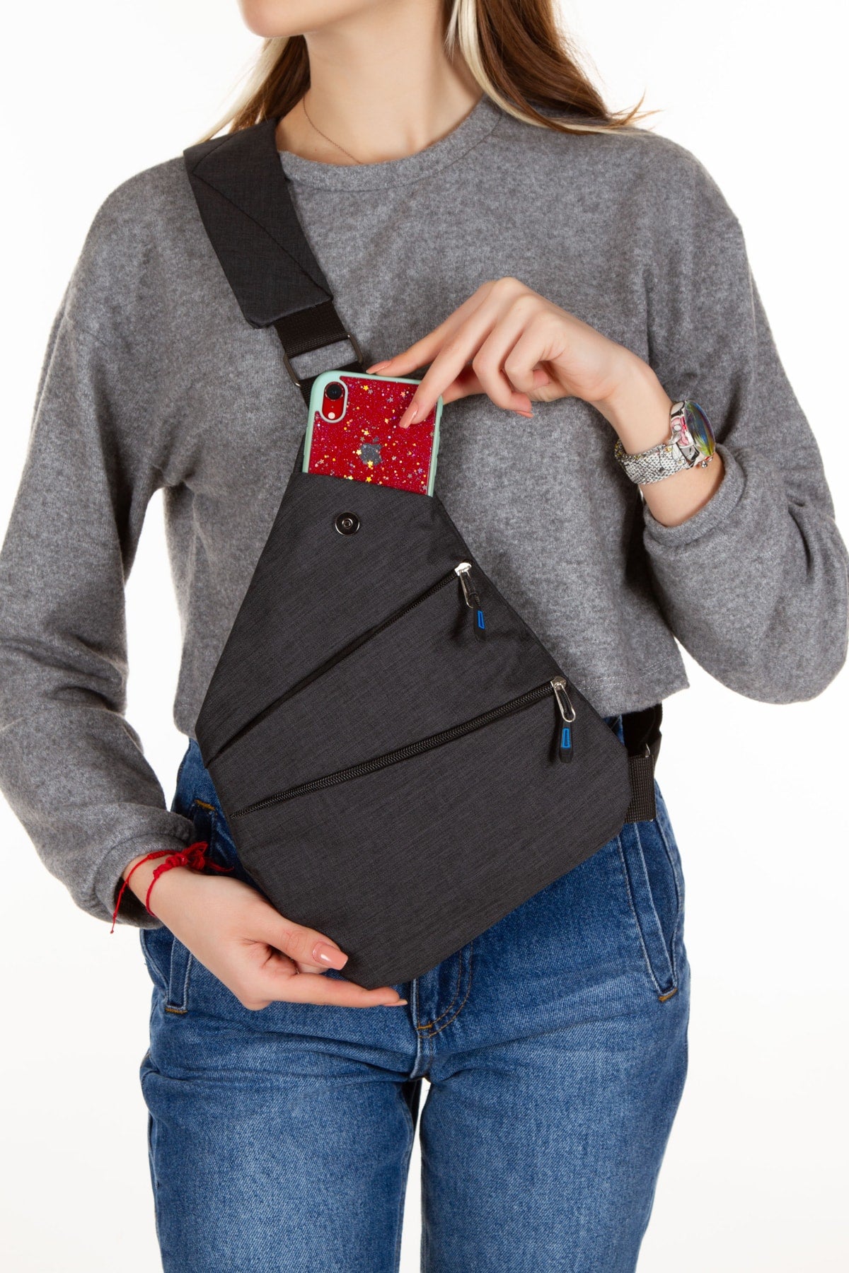 Unisex Black Saddlebag Shoulder Chest Bag With Phone Compartment Diagonal Bag Slim Body Bag