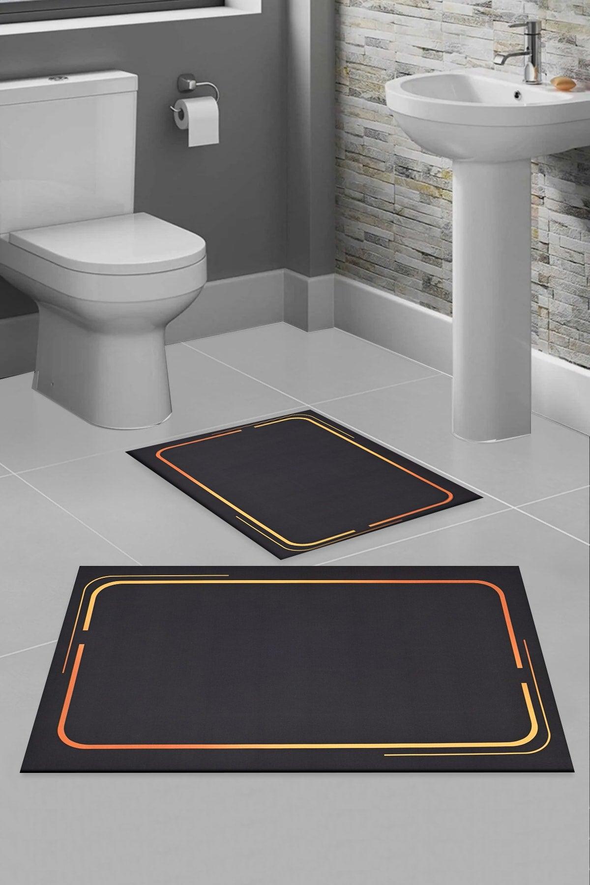 Else Black Yellow Striped Washable Non-Slip Floor 2 Bathroom Carpet Doormat Closet Set - Swordslife