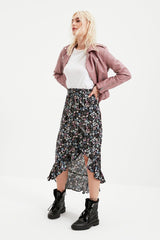 Purple Midi Woven Slit Detailed Asymmetrical Floral Patterned Skirt TWOSS20ET0166 - Swordslife