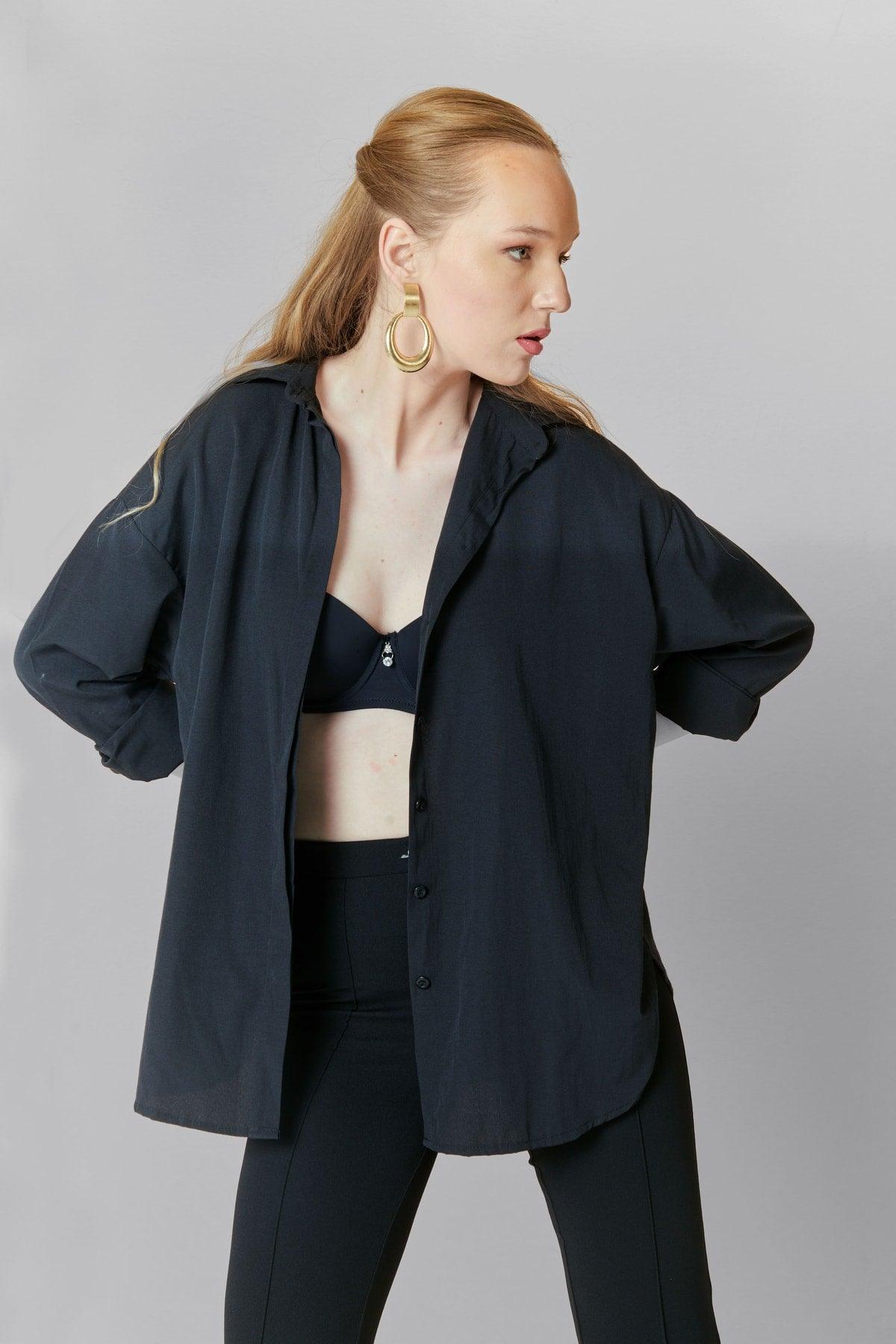 Women's Black Oversize Long Basic Shirt - Swordslife