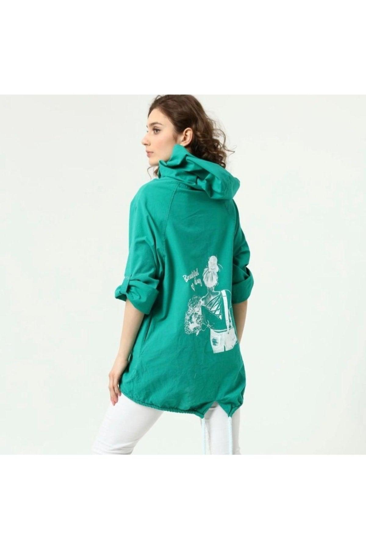 Women's Green Back Printed Linen Jacket A36-051 - Swordslife