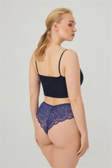 Dark Cobalt Lace Tulle Detailed Plus Size Women's Brazilian Panties - Swordslife