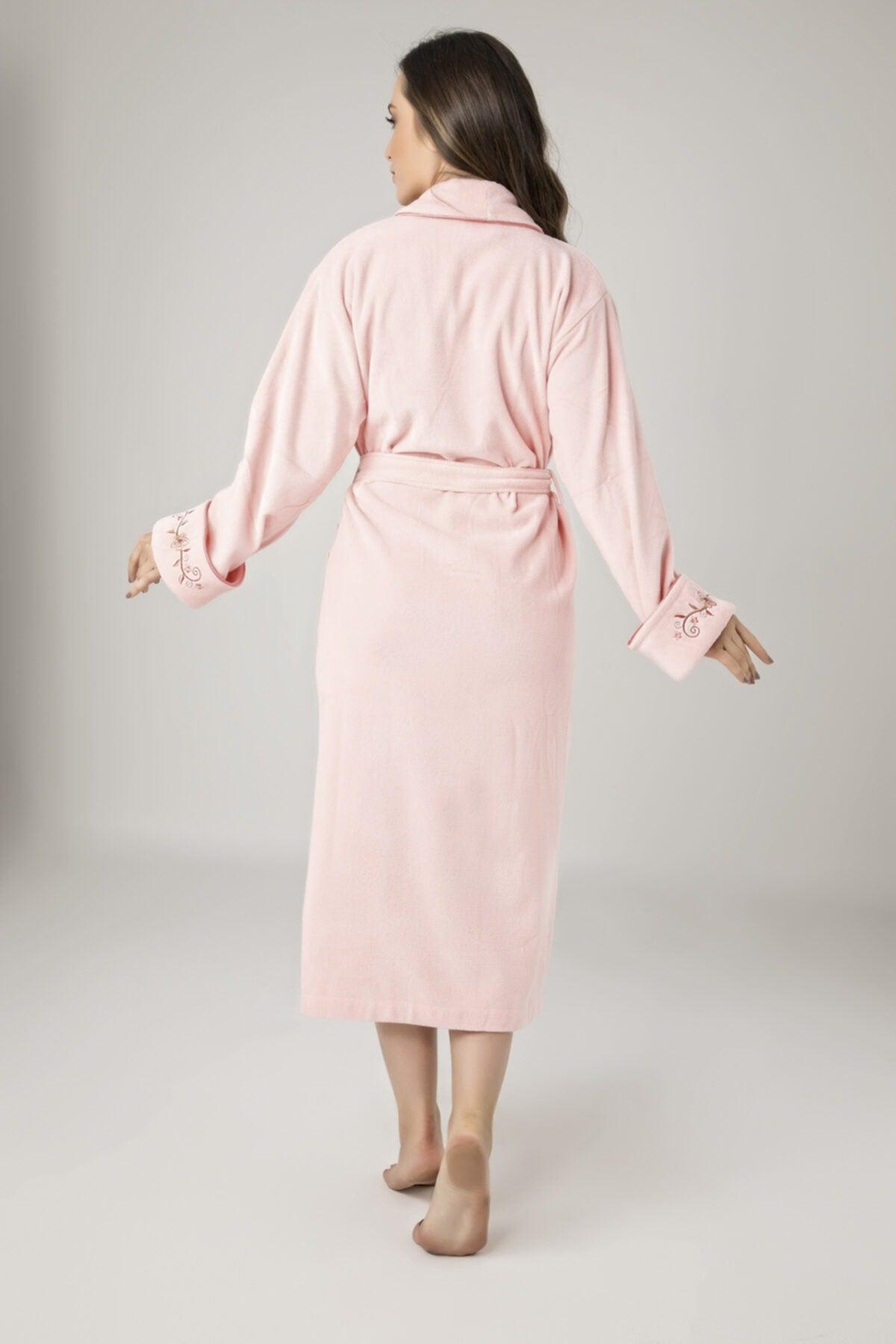 Light Pink Collar Sleeve Pocket Floral Embroidery Bamboo Cotton Women's Bathrobe - Swordslife