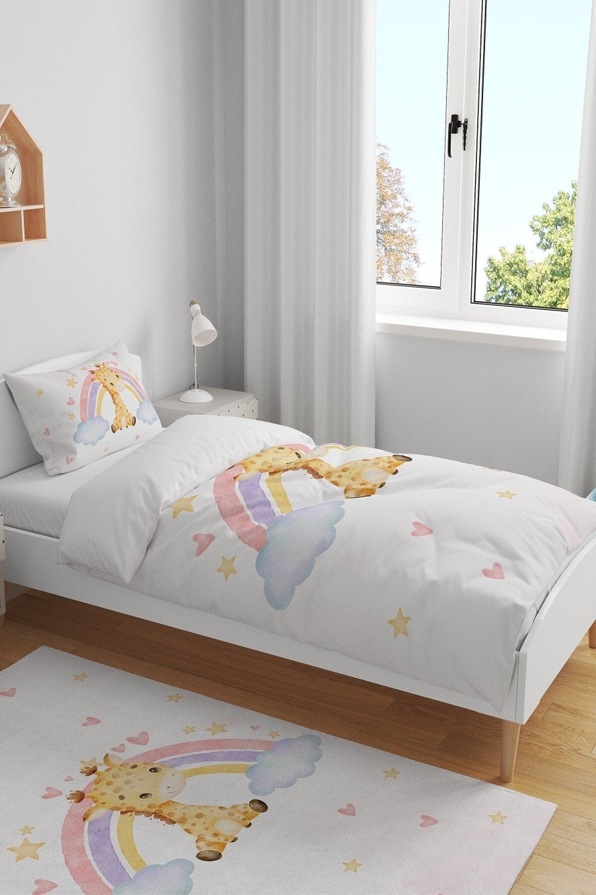 Rainbow And Cute Giraffe Patterned Single Baby Kids Duvet Cover Set