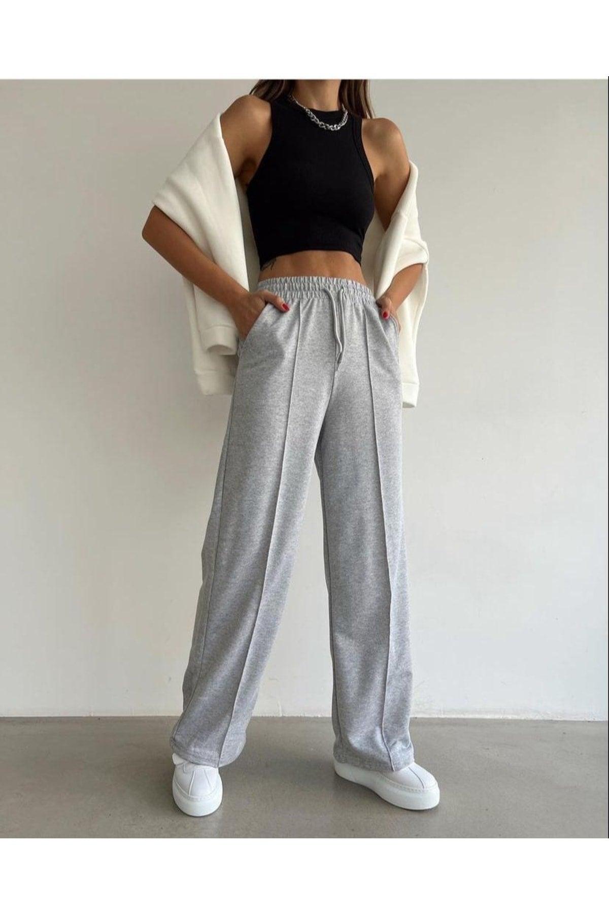 Women's Gray Plain 2 Thread Wide Leg Sweatpants - Swordslife