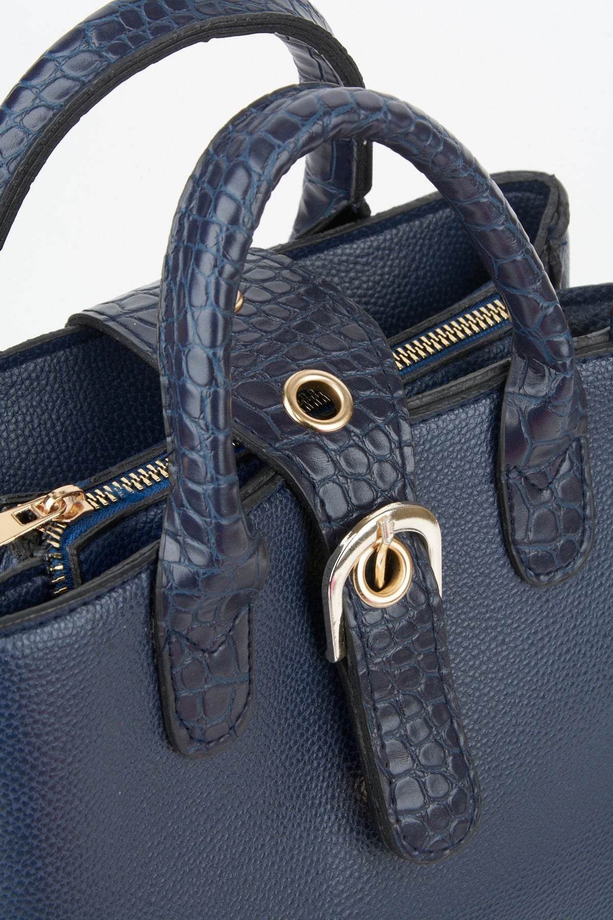 Women's Navy Blue Croco Handle 2 Compartment Snap Zipper Closure Hand And Shoulder Bag With Strap