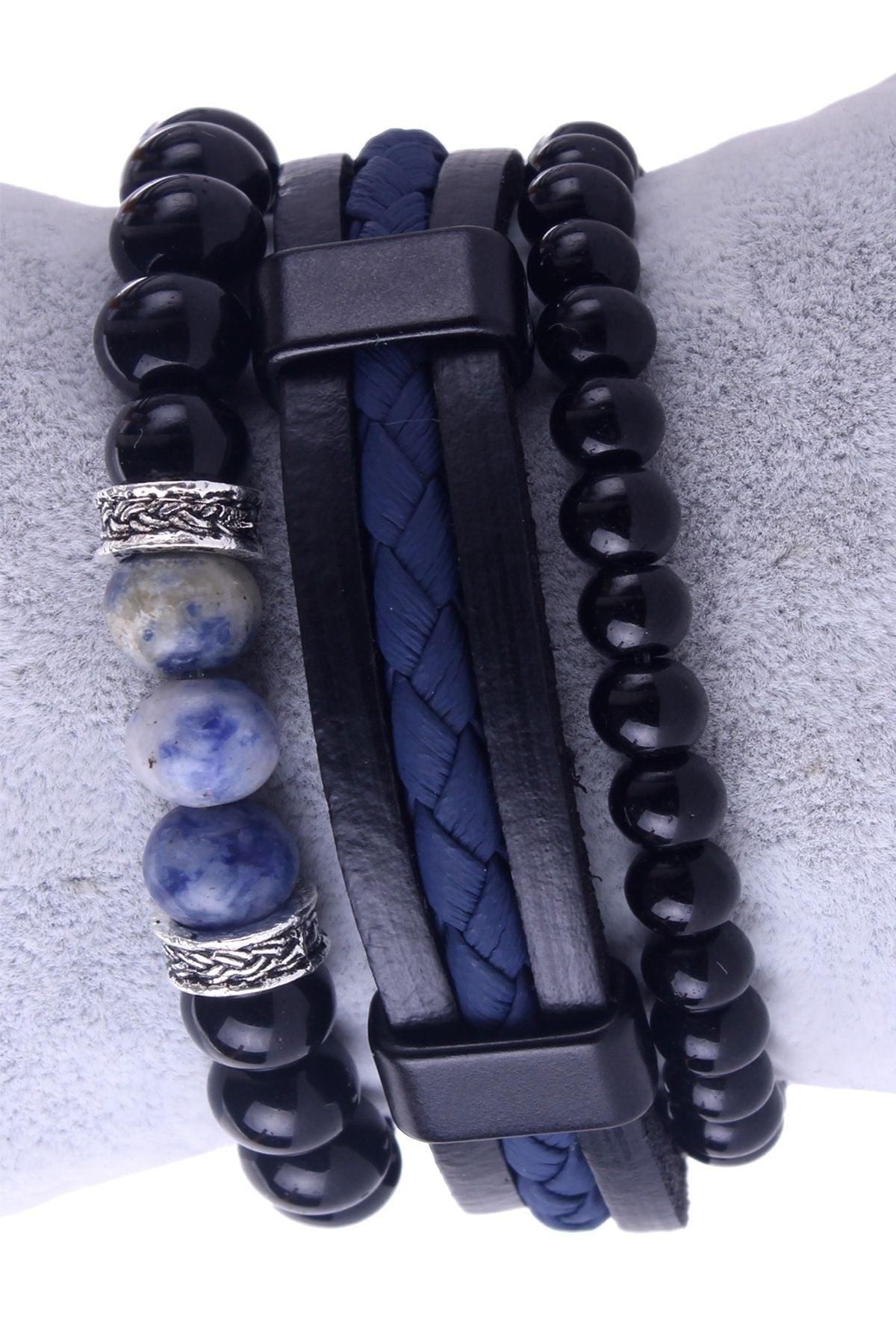 3 Pcs Bracelet Set Blue Sodalite Natural Stone, Blue Leather Black Onyx Stone Bracelet - Swordslife