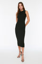 Black Crew Neck Ruffle Detailed Fitted Midi Smart Knitted Dress TWOSS22EL1569 - Swordslife