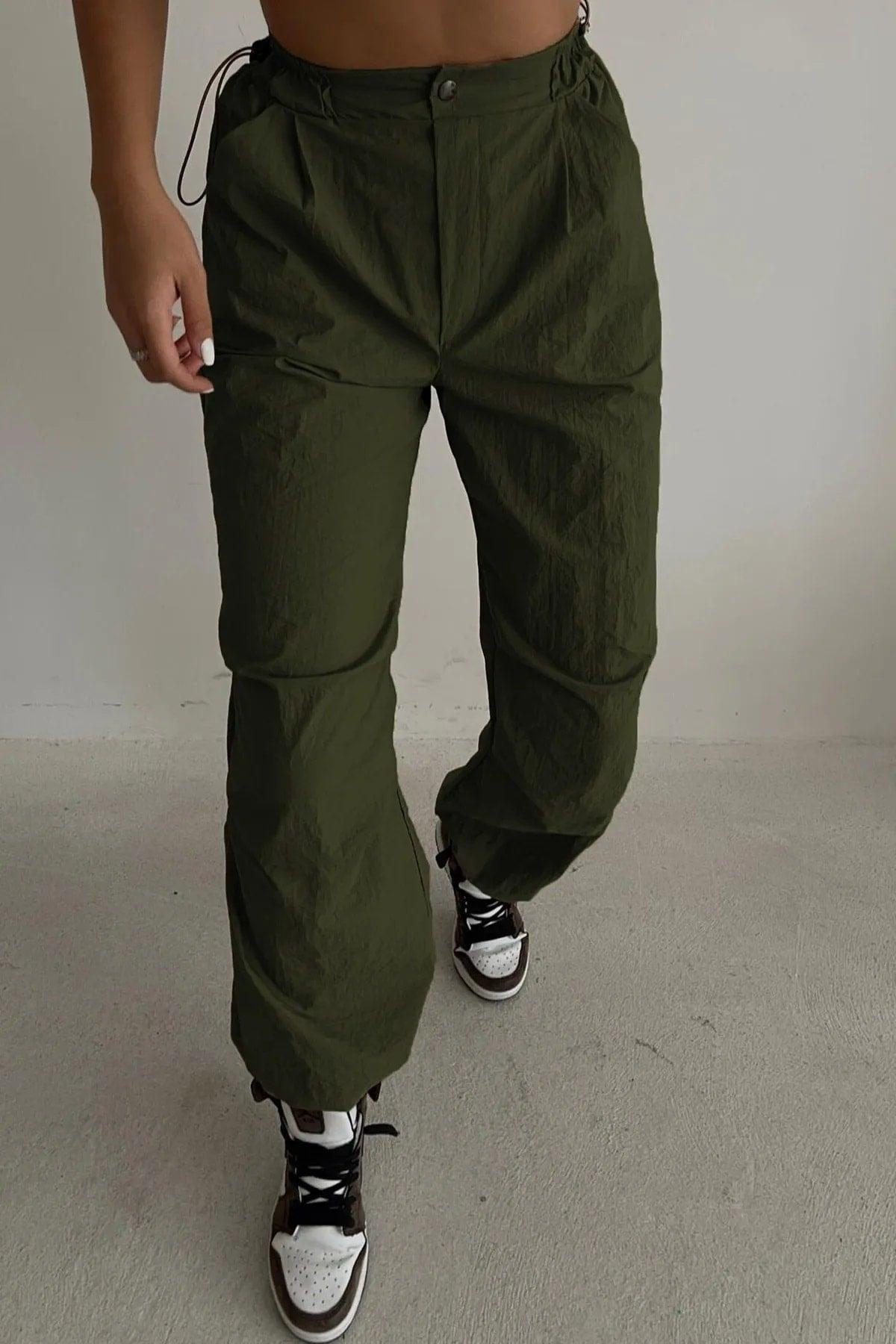 Khaki Tactical Adjustable Waist Parachute Fabric Trousers - Swordslife