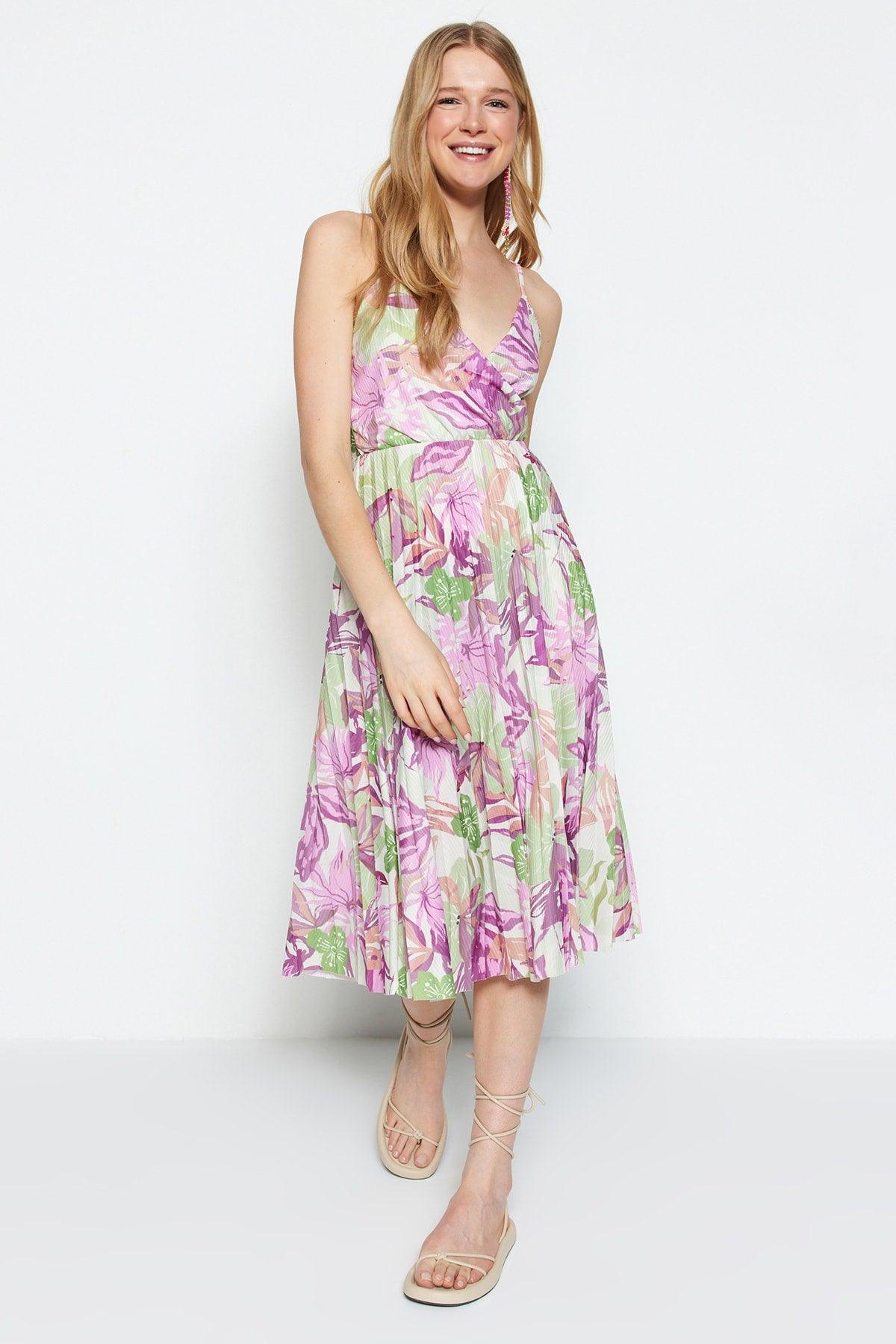 Lilac Floral Pattern Waist Open/Skater Midi Double Breasted Pleated Strap Stretch Knitted Dress TWOSS20EL2729 - Swordslife