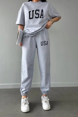 Usa T-shirt Sweatpants Jogger- Gray Printed Bottom Top Tracksuit Suit Oversize Crew Neck