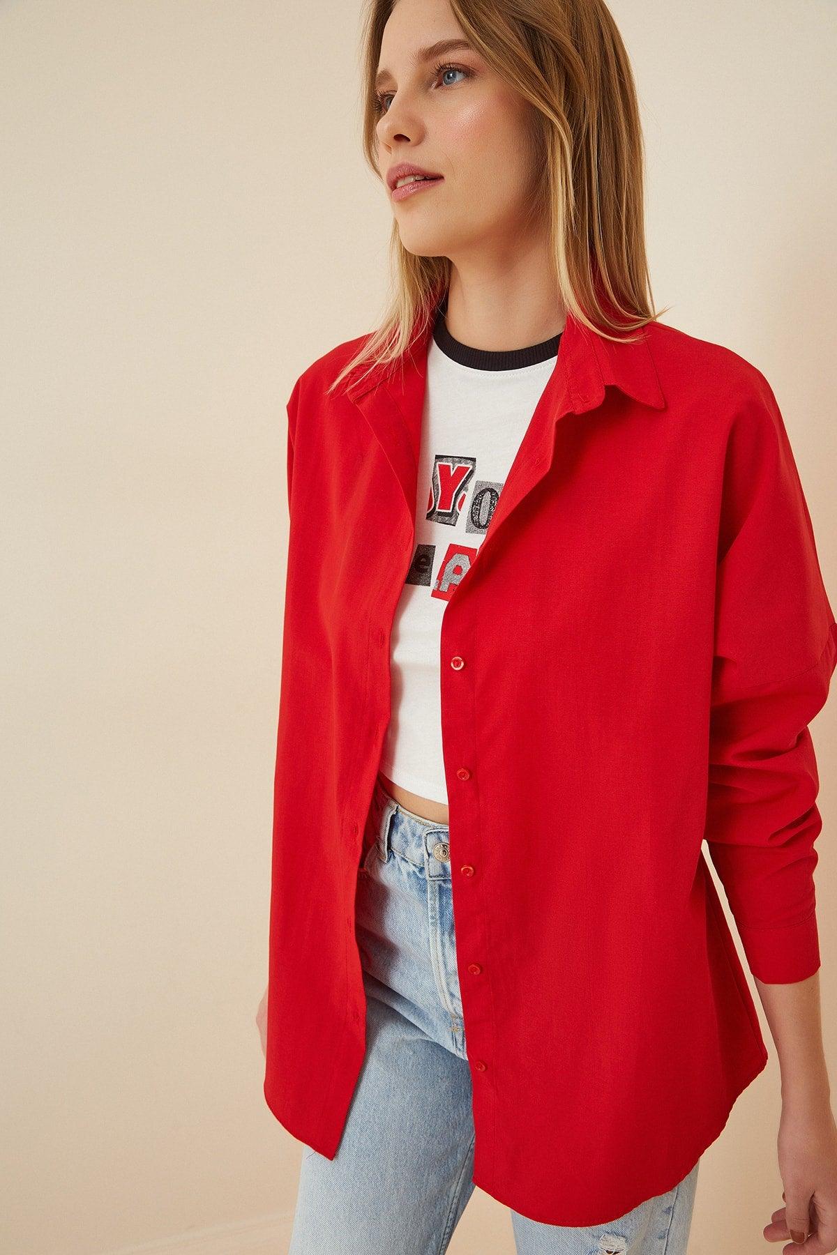 Women's Red Oversize Long Basic Shirt DD00842 - Swordslife